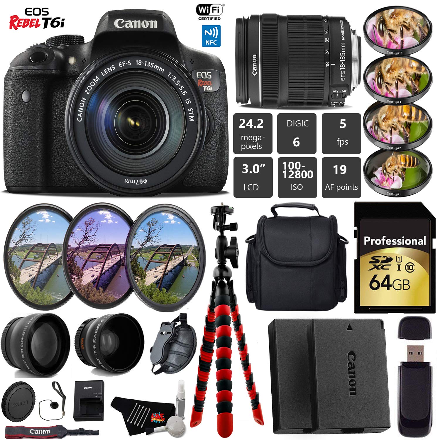 Canon EOS Rebel T6i DSLR Camera 18-135mm is STM Lens + UV FLD CPL Filter Kit + 4 PC Macro Kit + Wide Angle & Telephoto L
