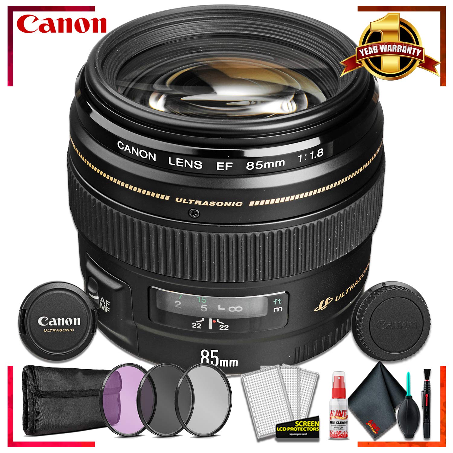 Canon 85MM F1.8 USM (58MM) Camera Lens + 3 Pcs Filter Kit + Cleaning Kit