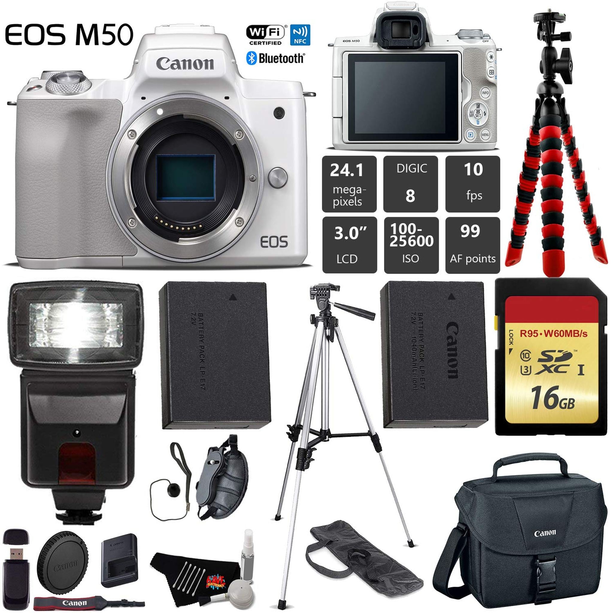 Canon EOS M50 Mirrorless Digital Camera White, Body Only + 16GB Class 10 Memory Card + Flash + Canon Camera Case + Fle