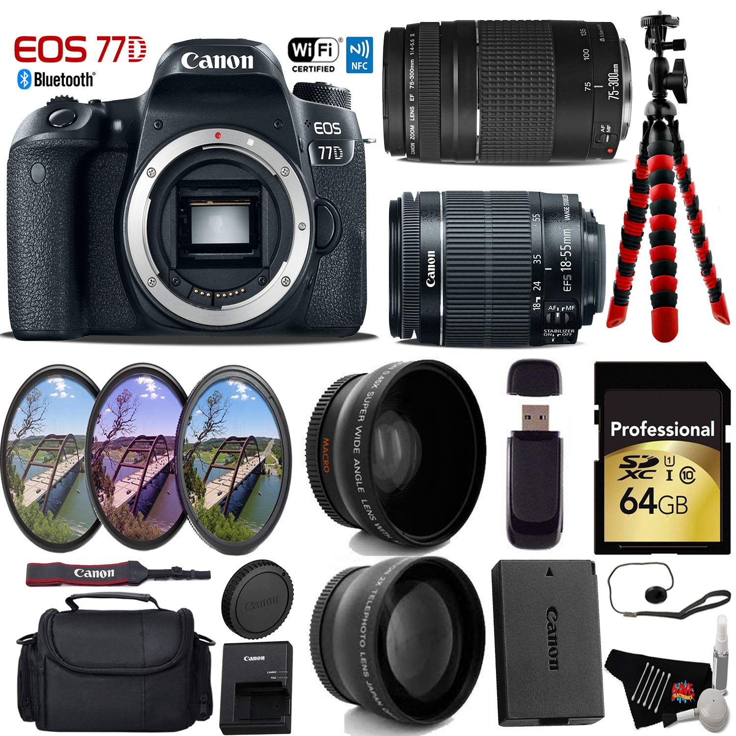 Canon EOS 77D DSLR Camera with 18-55mm is STM Lens & 75-300mm III Lens + UV FLD CPL Filter Kit + Wide Angle & Telephoto