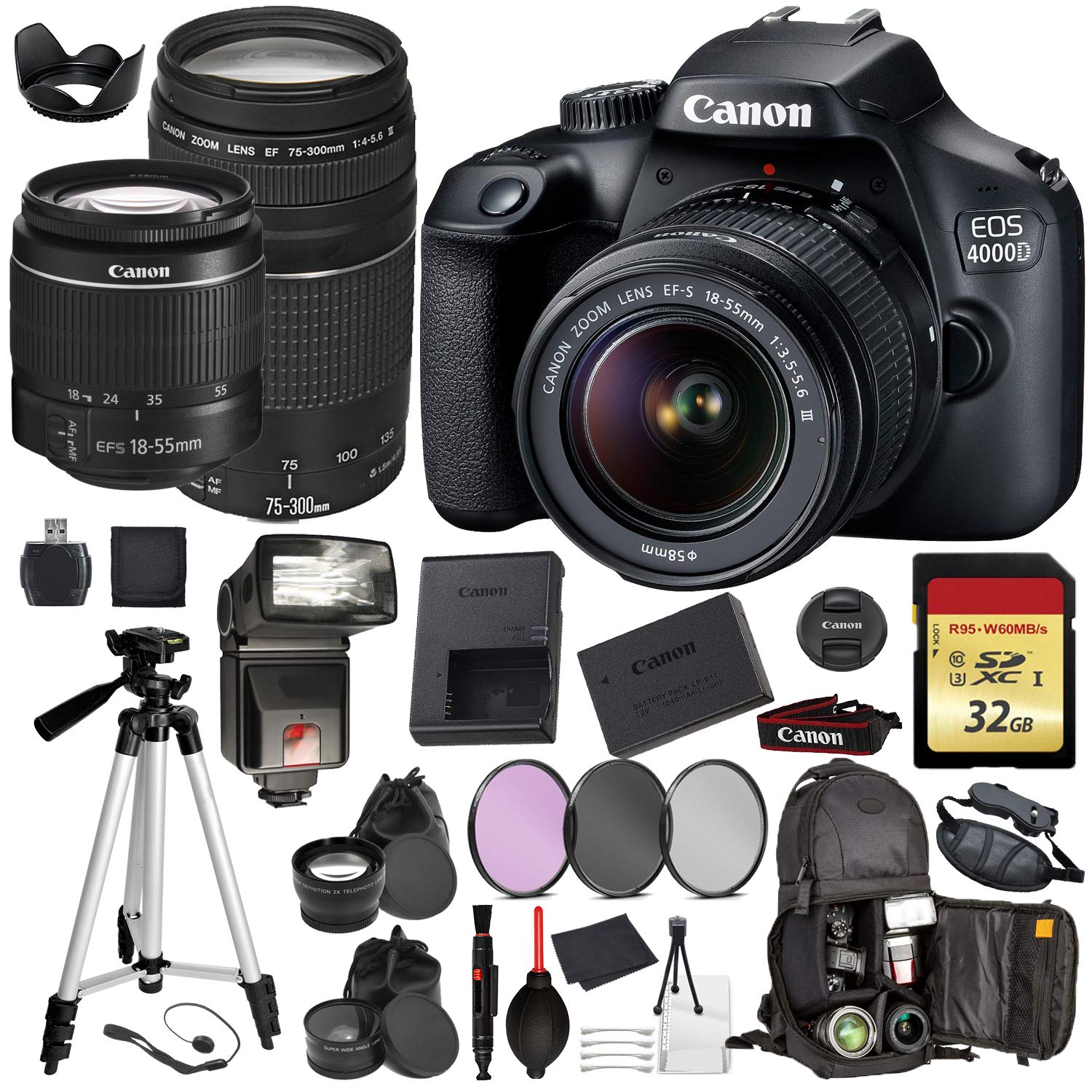 Canon EOS Rebel 4000D Digital SLR Camera with EF-S 18-55mm + EF 75-300mm (Black) Pro Accessory Bundle Package Deal Inclu