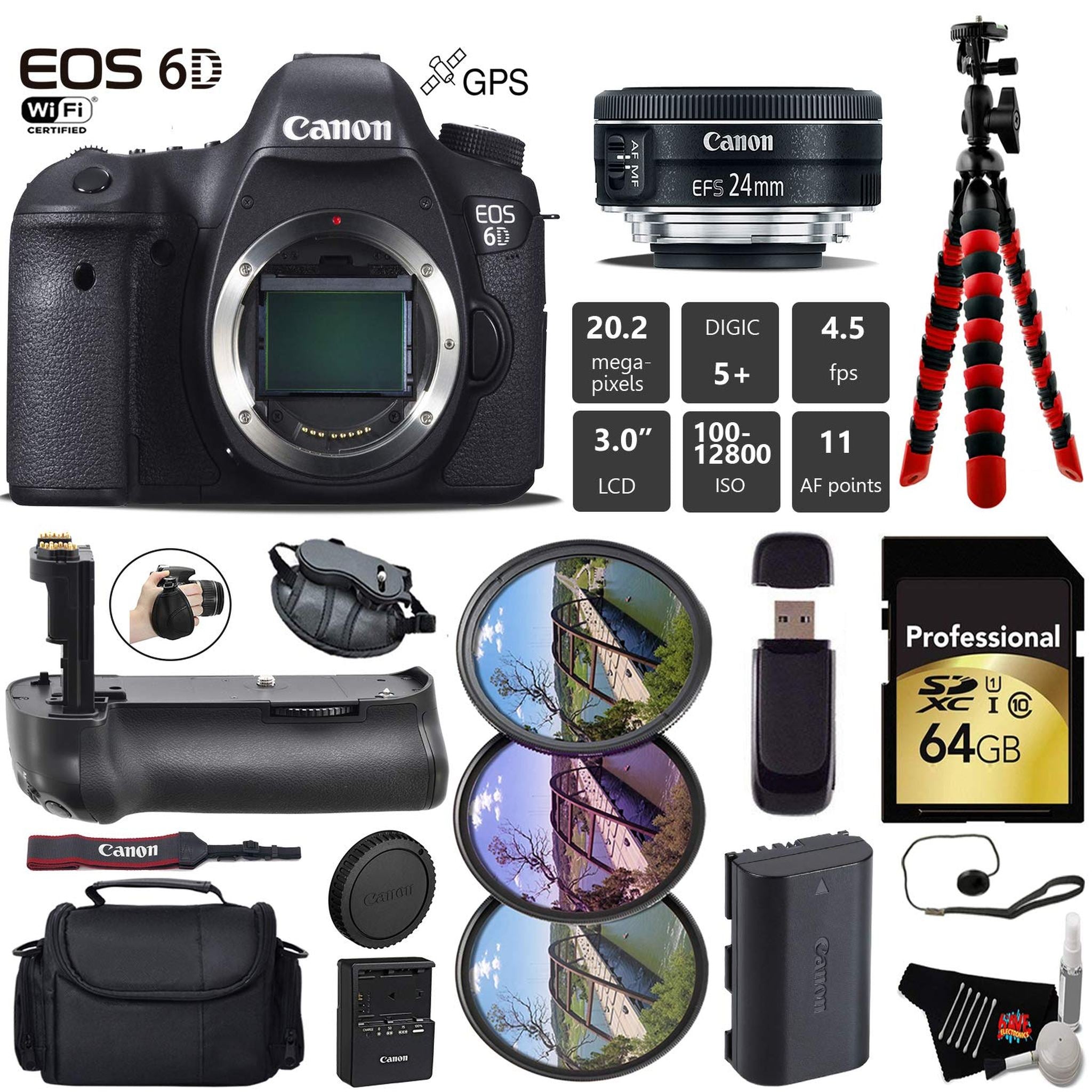 Canon EOS 6D DSLR Camera with 24mm f/2.8 STM Lens + Professional Battery Grip + UV FLD CPL Filter Kit + Case + Wrist Str Canon
