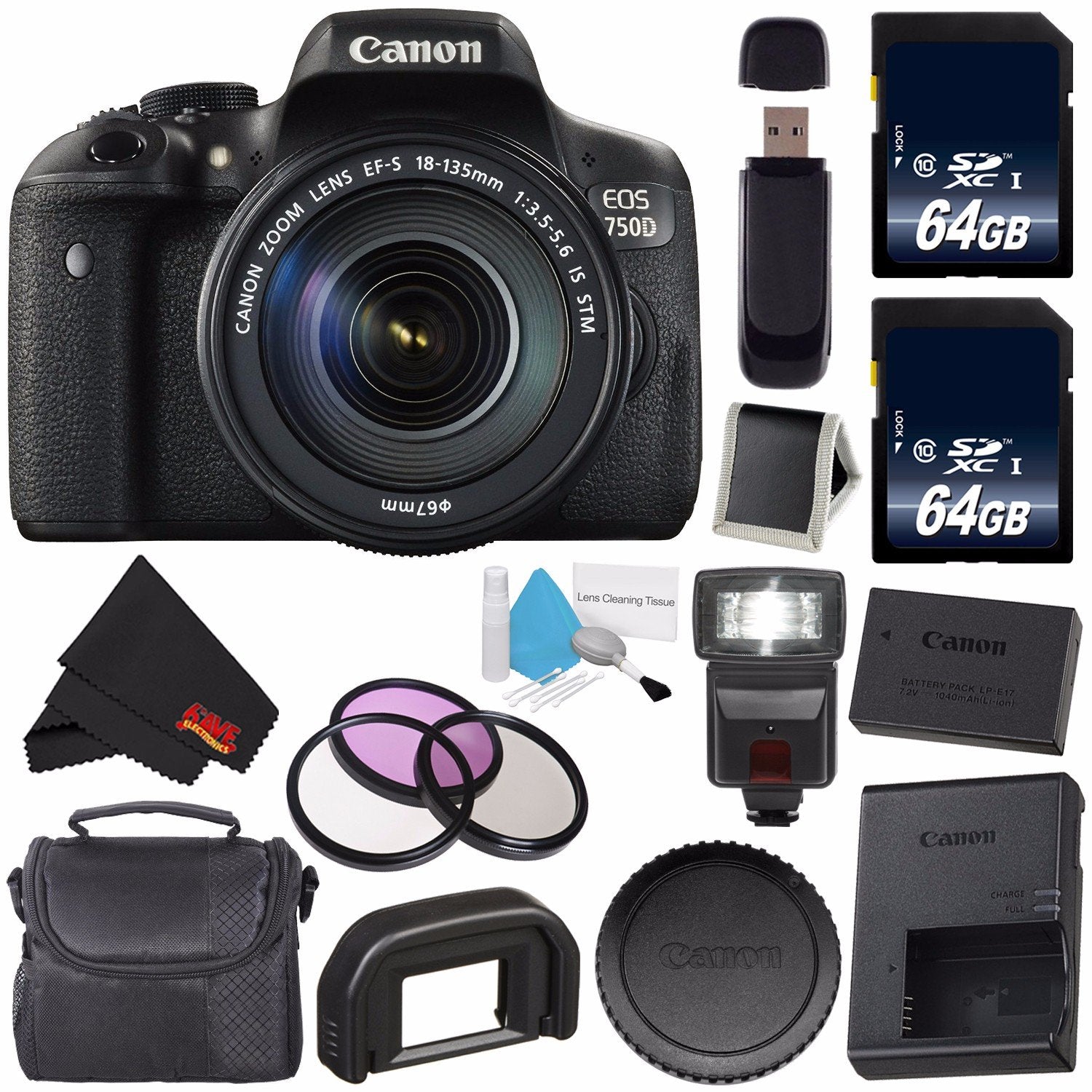 Canon EOS Rebel T6i/750D DSLR Camera with 18-135mm Lens (International Version) + 64GB Memory Card + Carrying Case Bundl
