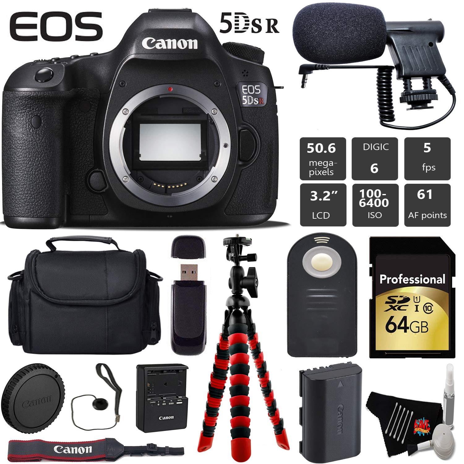 Canon EOS 5DS R DSLR Camera (Body Only) + Wireless Remote + Condenser Microphone + Case + Wrist Strap + Tripod Pro Bundle