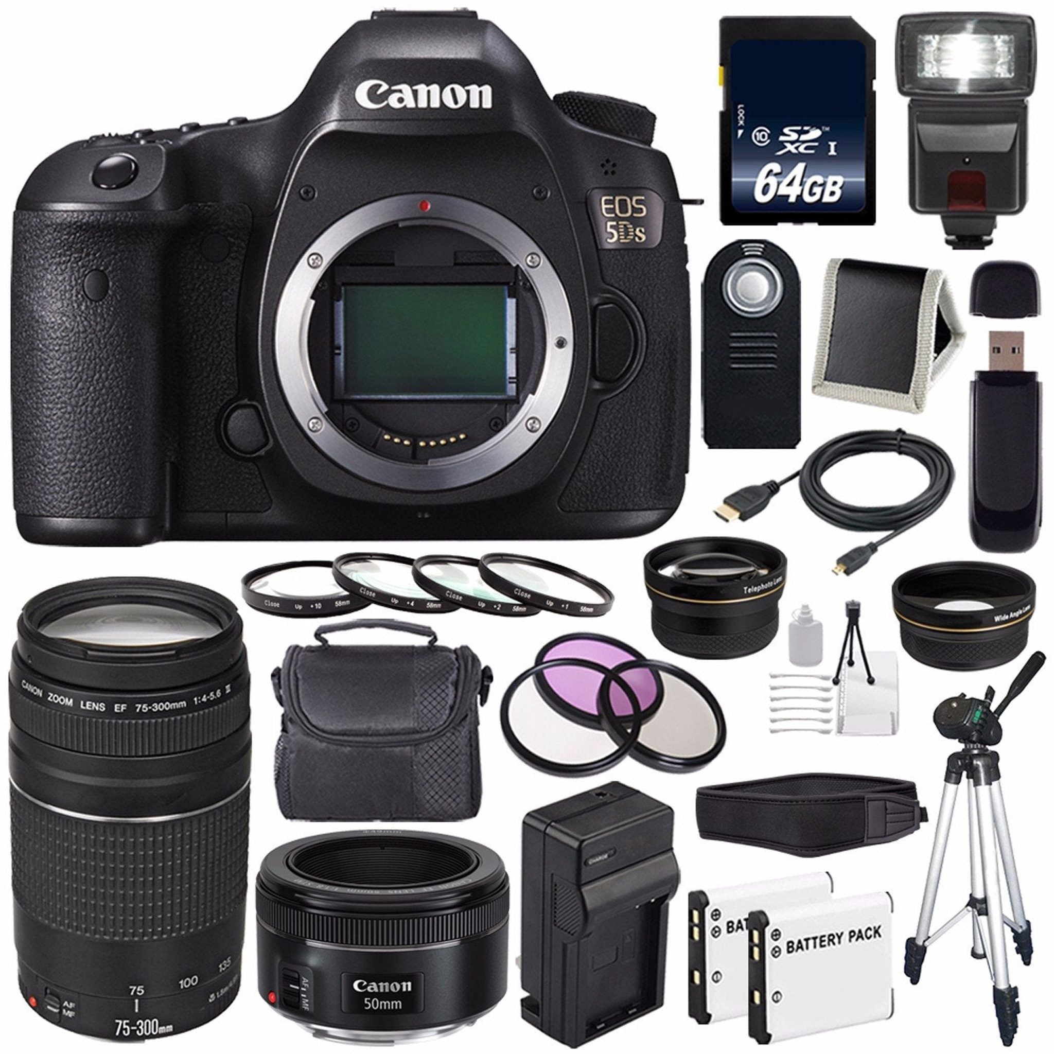 Canon EOS 5DS DSLR Camera International Model 0581C002 + Canon EF 75-300 III+ EF 50mm f/1.8 STM Lens + LP-E6 Replacement Battery + Charger + 64GB SDXC Card Bundle - Used Canon