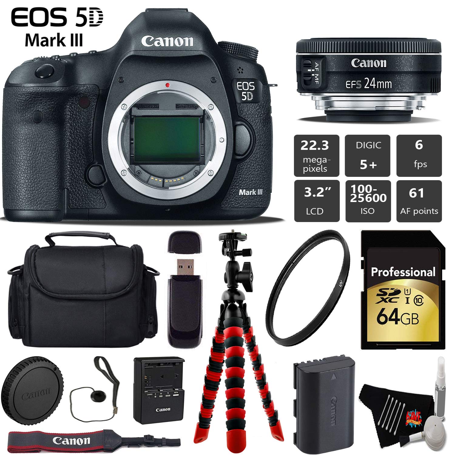 Canon EOS 5D Mark III DSLR Camera with 24mm f/2.8 STM Lens + Wireless Remote + UV Protection Filter + Case + Wrist Strap Pro Bundle