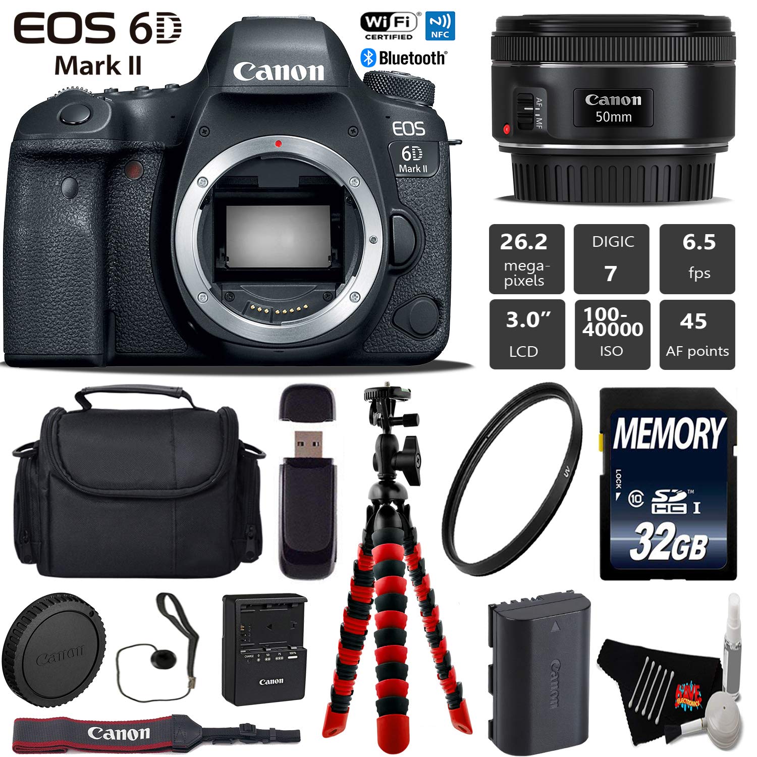 Canon EOS 6D Mark II DSLR Camera with 50mm f/1.8 STM Lens + Wireless Remote + UV Protection Filter + Case + Wrist Strap Starter Bundle