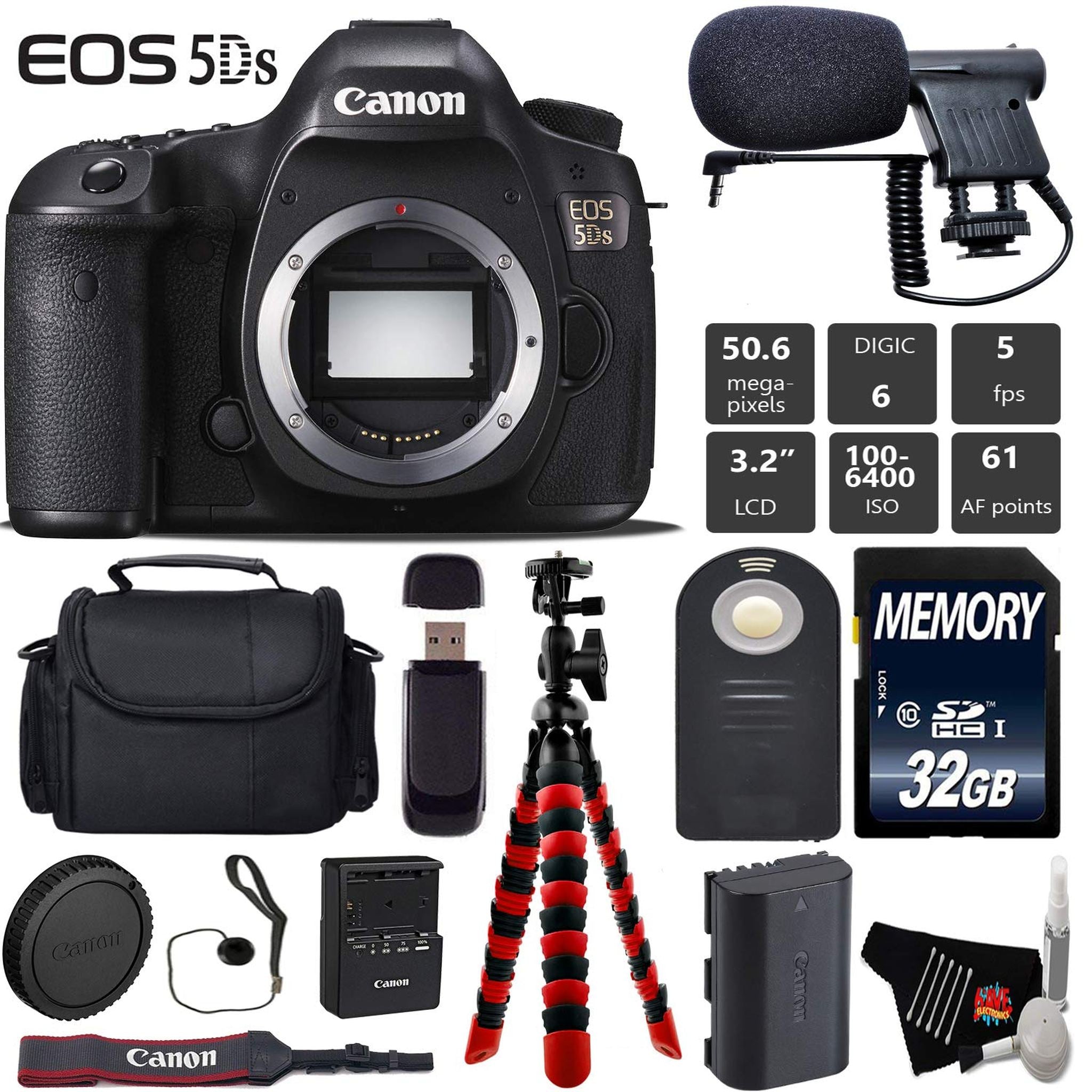Canon EOS 5DS DSLR Camera Body Only + Wireless Remote + Condenser Microphone + Case + Wrist Strap + Tripod Starter Bundle