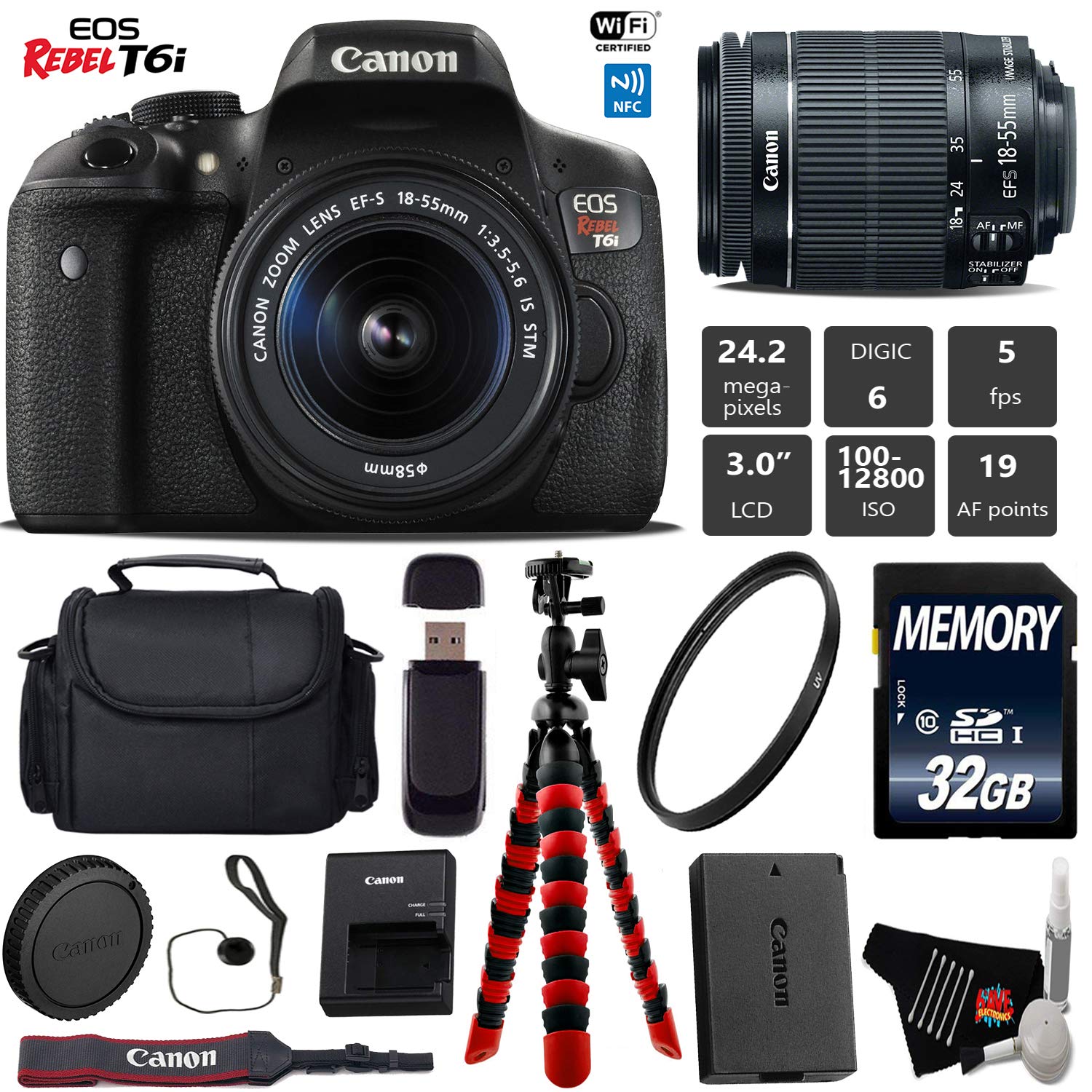 Canon EOS Rebel T6i DSLR Camera with 18-55mm is STM Lens + Flexible Tripod + UV Protection Filter + Professional Case +