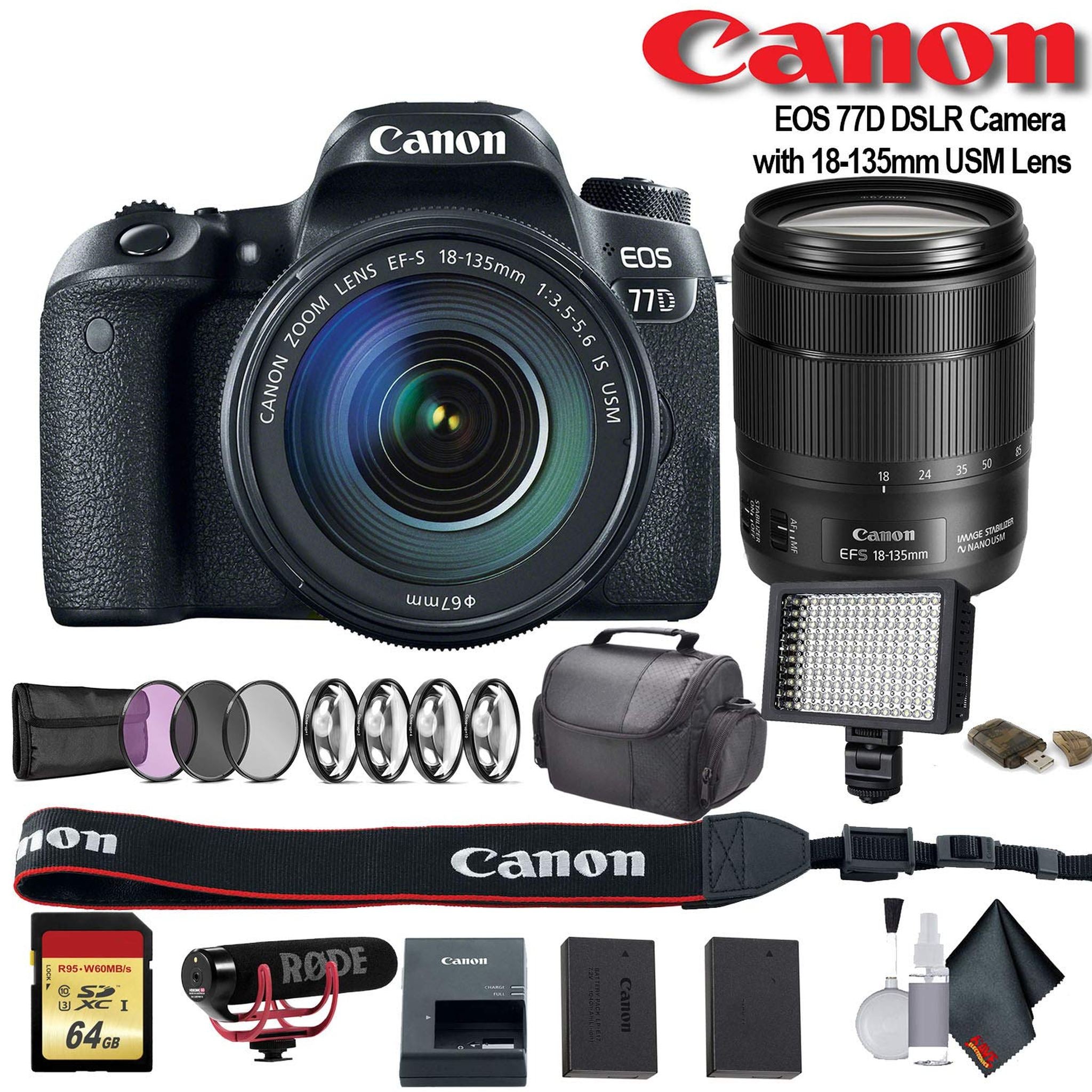Canon EOS 77D DSLR Camera with 18-135mm USM Lens International Model 1892C002 W/Bag, Extra Battery, LED Light, Mic, Canon