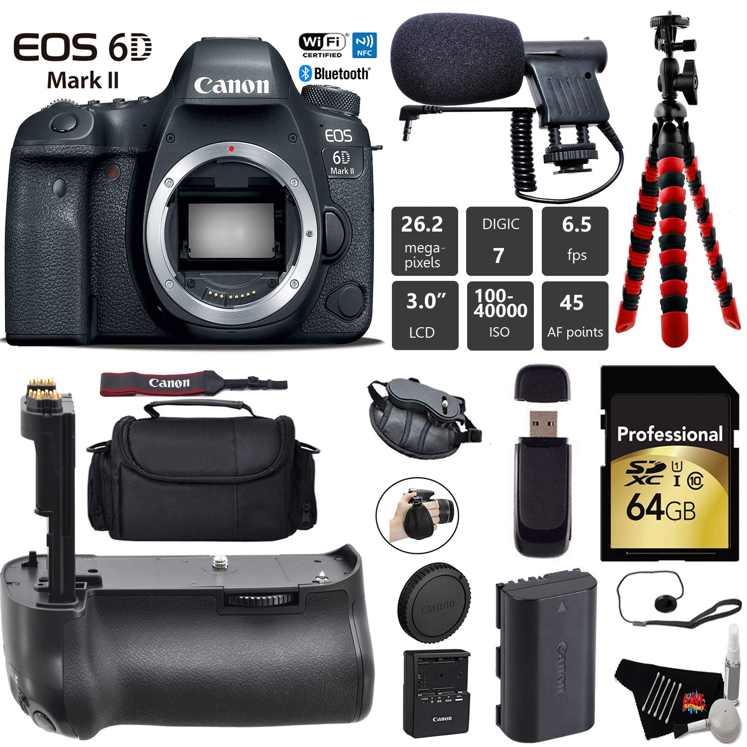 Canon EOS 6D Mark II DSLR Camera (Body Only) + Professional Battery Grip + Condenser Microphone + Case + Wrist Strap Pro Bundle