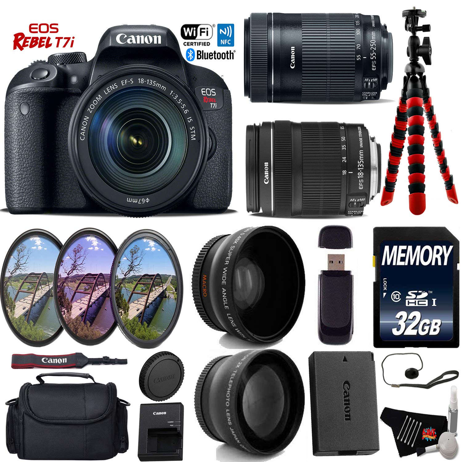 Canon EOS Rebel T7i DSLR Camera with 18-135mm is STM Lens & 55-250mm is STM Lens + UV FLD CPL Filter Kit + Wide Angle &