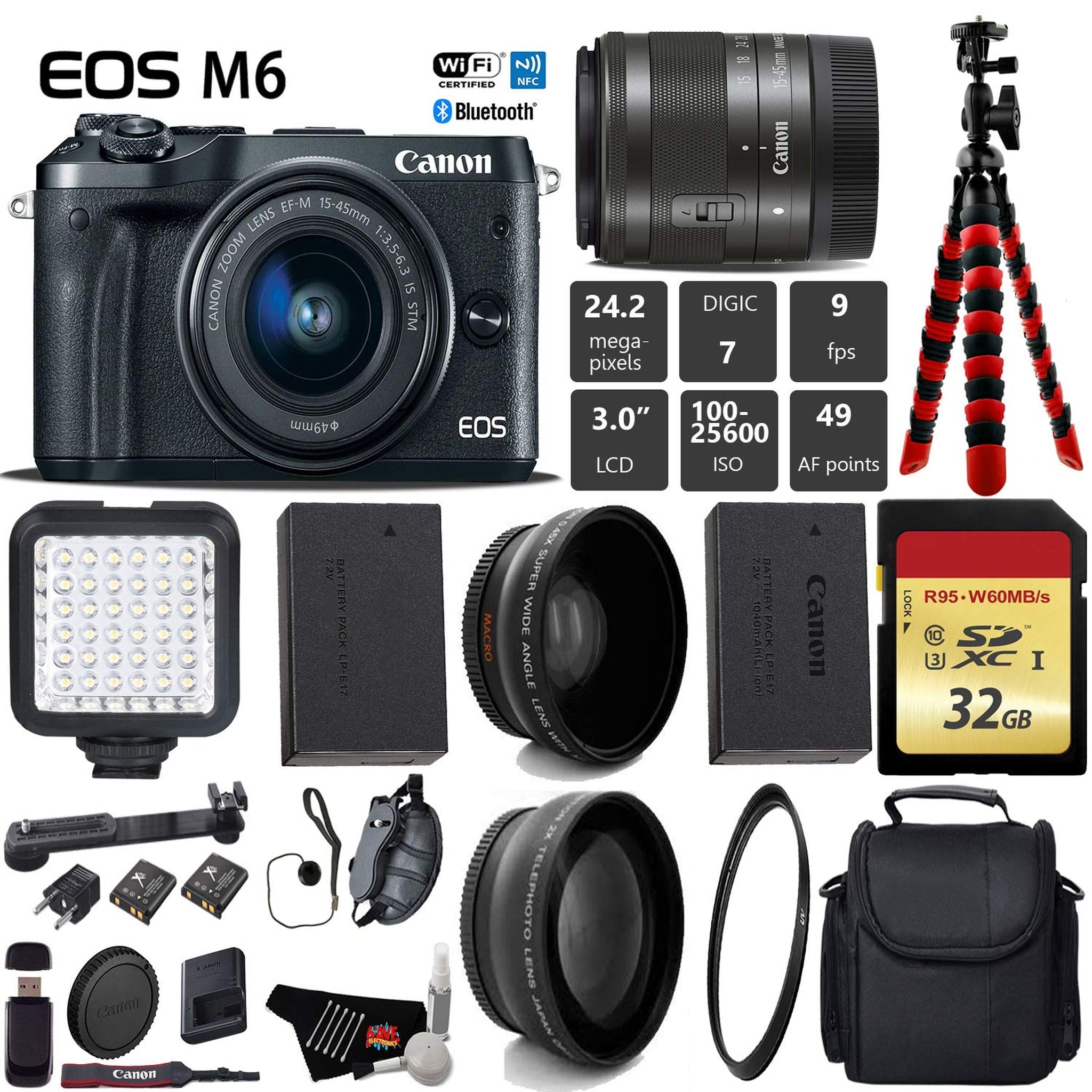 Canon EOS M6 Mirrorless Digital Camera with EF-M 1545mm is STM Lens + LED + UV FLD CPL Filter Kit + Wide Angle & Telepho Canon