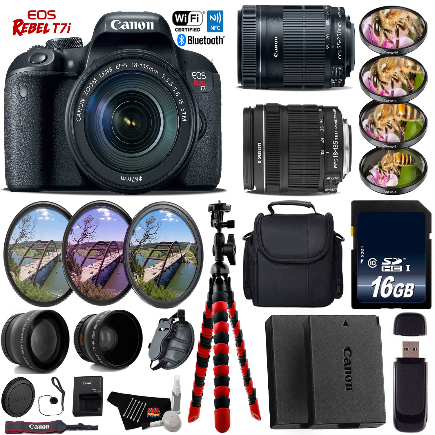 Canon EOS Rebel T7i DSLR Camera + 18-135mm Lens & 55-250mm Lens 16GB Bundle