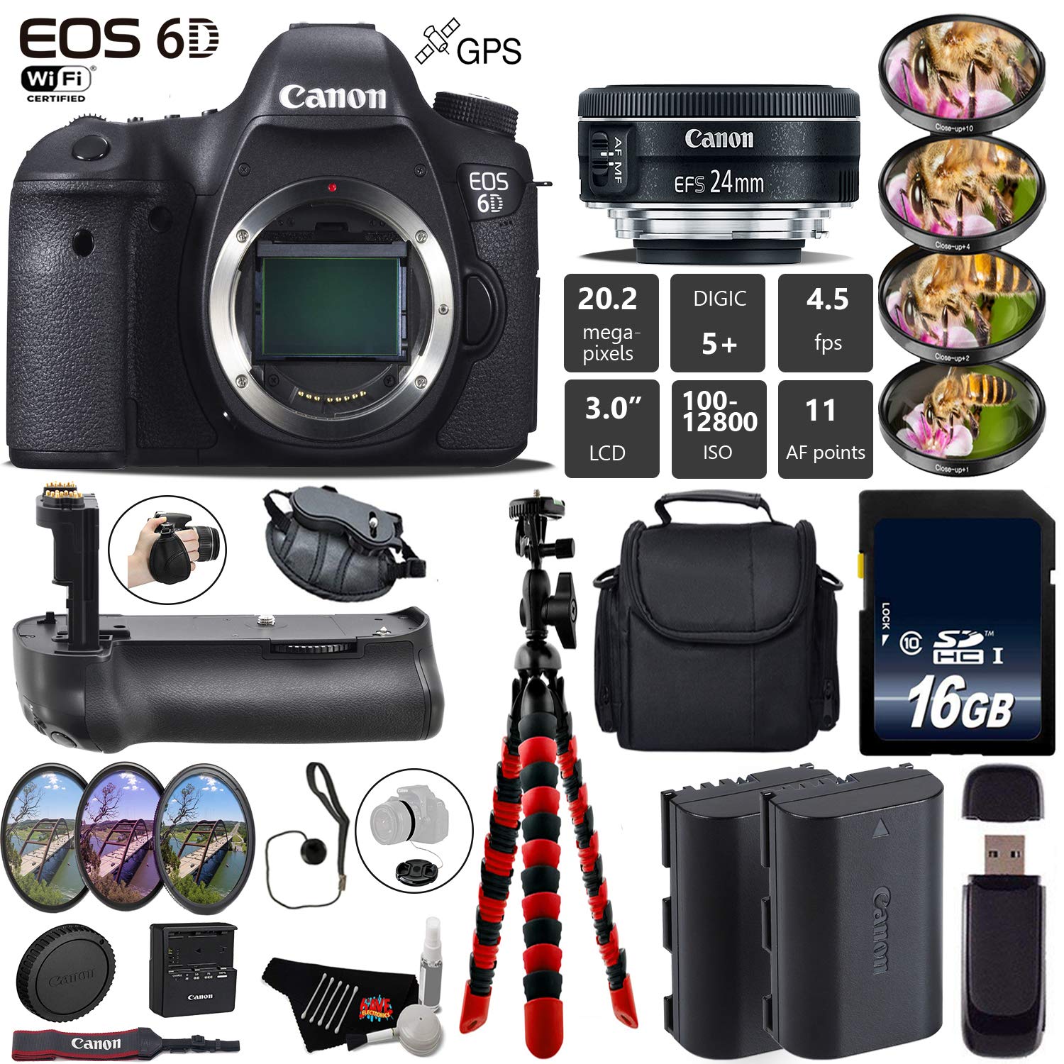 Canon EOS 6D DSLR Camera with 24mm f/2.8 STM Lens + Professional Battery Grip + 4PC Macro Filter Kit + LED Kit + Extra B