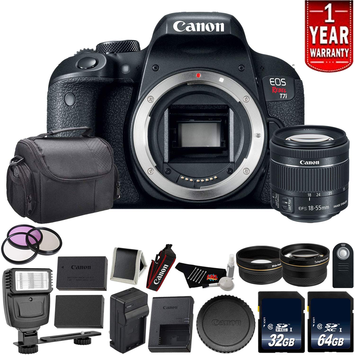 Canon EOS Rebel T7i Digital SLR Camera with 18-55mm Lens 1894C002 - Bundle with 32GB Memory Card + 64GB Memory Card + Sp