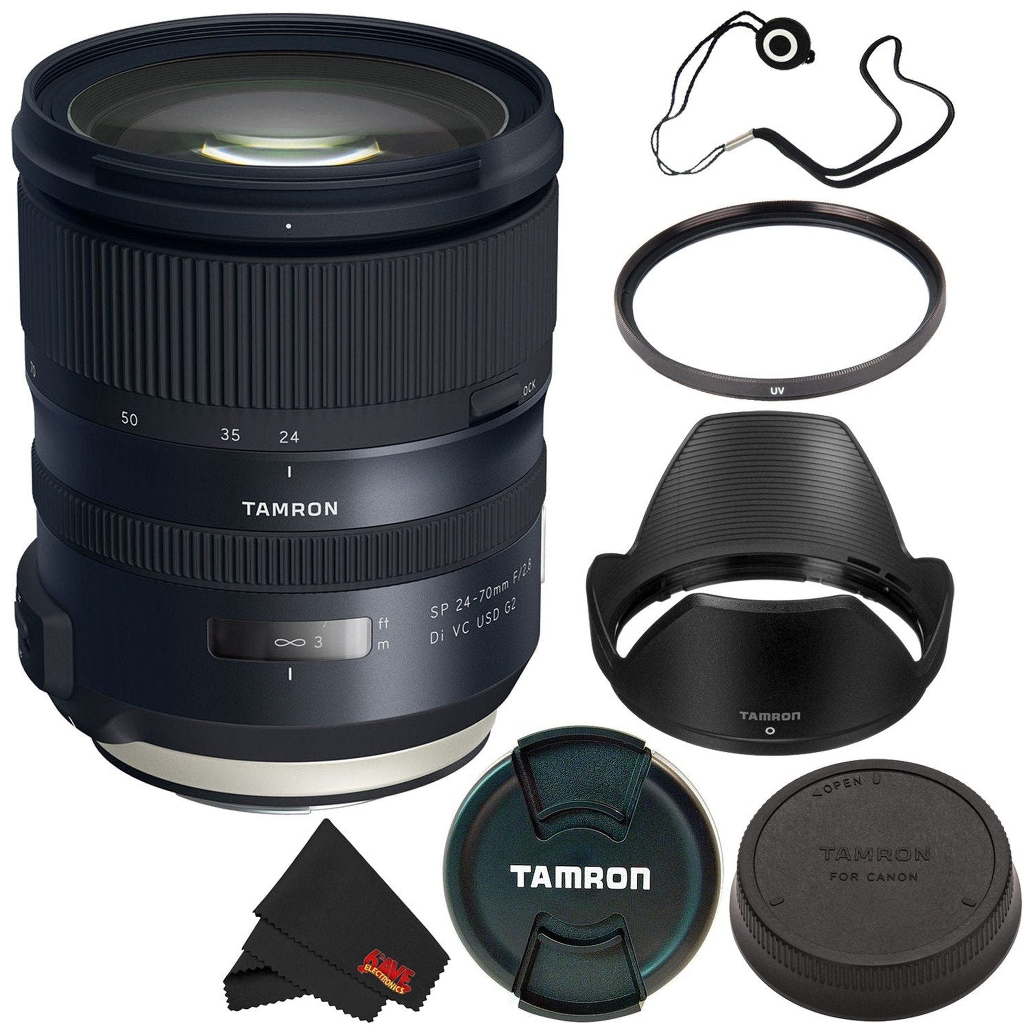 6Ave Tamron SP 24-70mm f/2.8 Di VC USD G2 Lens Canon EF International Model + 82mm UV Filter + Lens Cap Keeper + Micro Tamron
