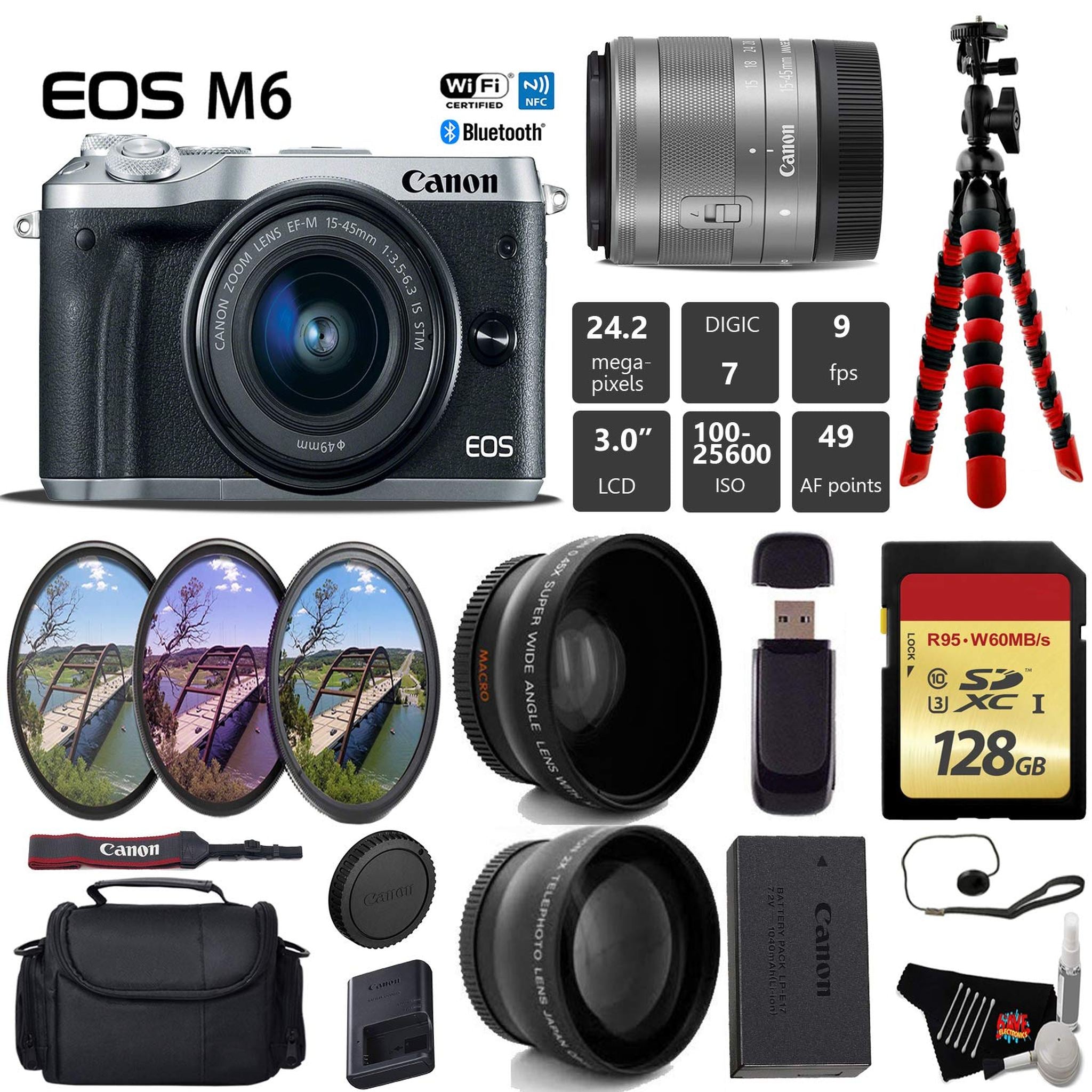 Canon EOS M6 Mirrorless Digital Camera Silver with EF-M 15-45mm is STM Lens + UV FLD CPL Filter Kit + Wide Angle & Tel Canon