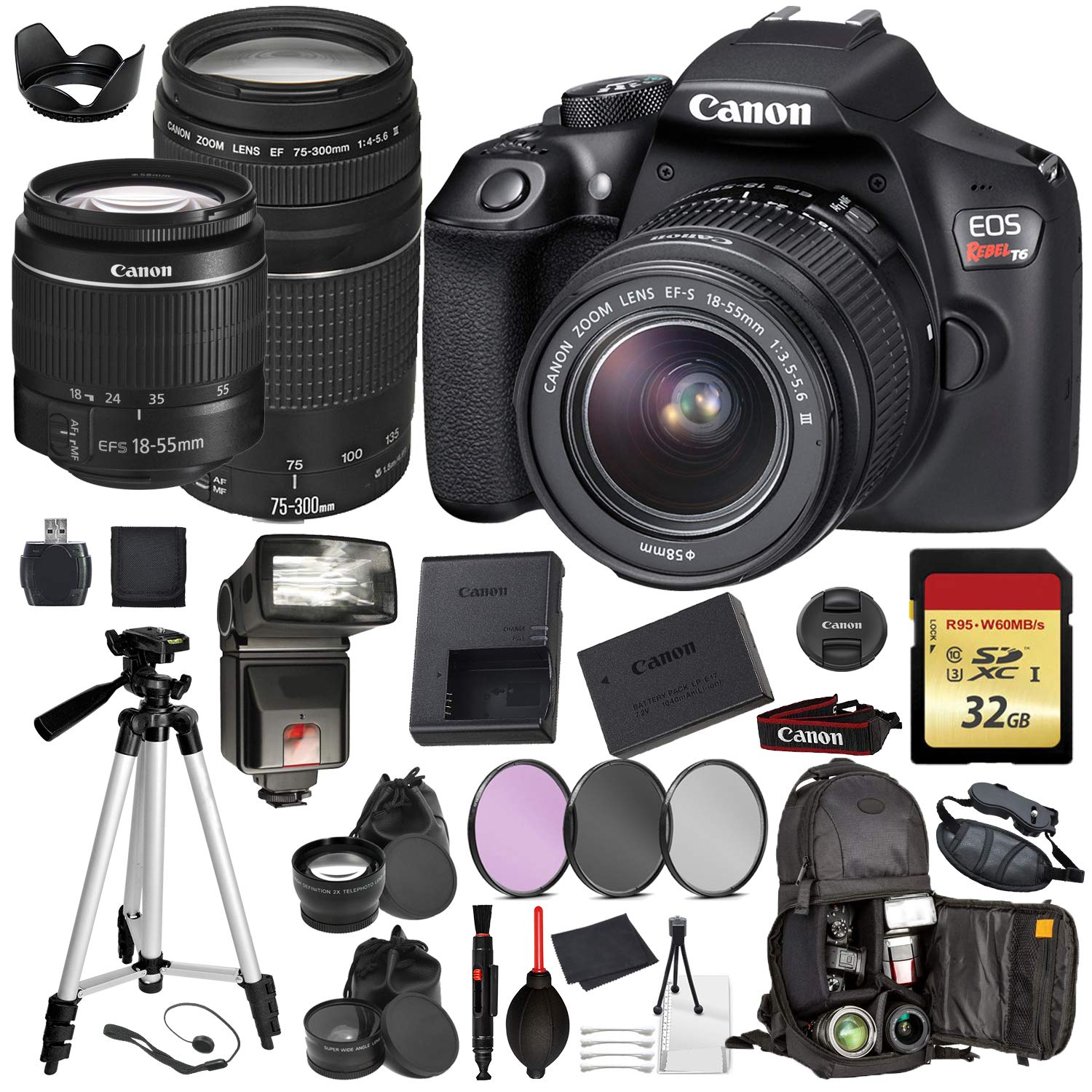 Canon EOS Rebel T6 Digital SLR Camera with EF-S 18-55mm + EF 75-300mm (Black) Professional Accessory Bundle Package Deal