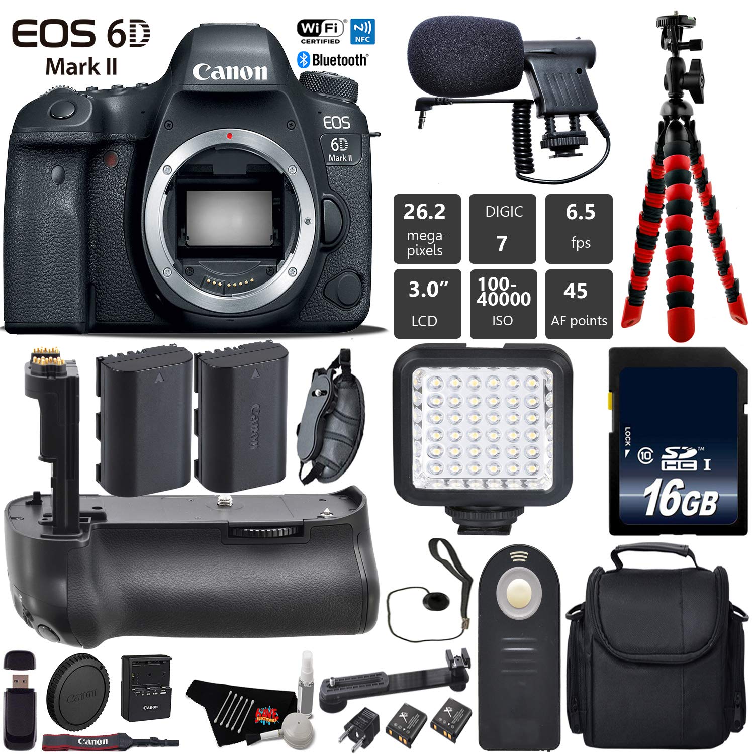 Canon EOS 6D Mark II DSLR Camera (Body Only) + Professional Battery Grip + Condenser Microphone + LED Kit + Extra Battery Base Bundle