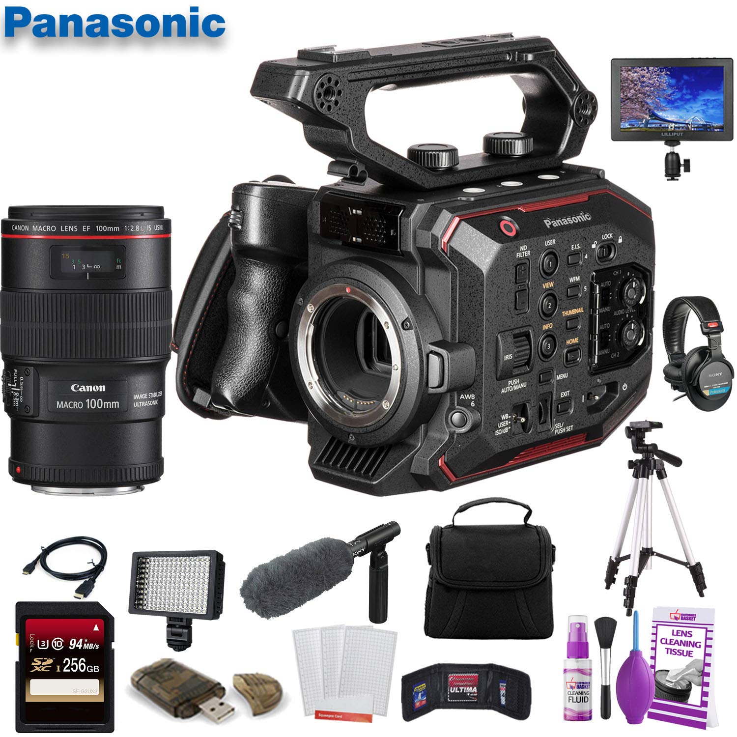Panasonic AU-EVA1 Compact 5.7K Super 35mm Cinema Camera (AU-EVA1PJ) W/ Canon EF 100mm f/2.8L Lens , 256GB Memory Card, Bag, Tripod Bundle