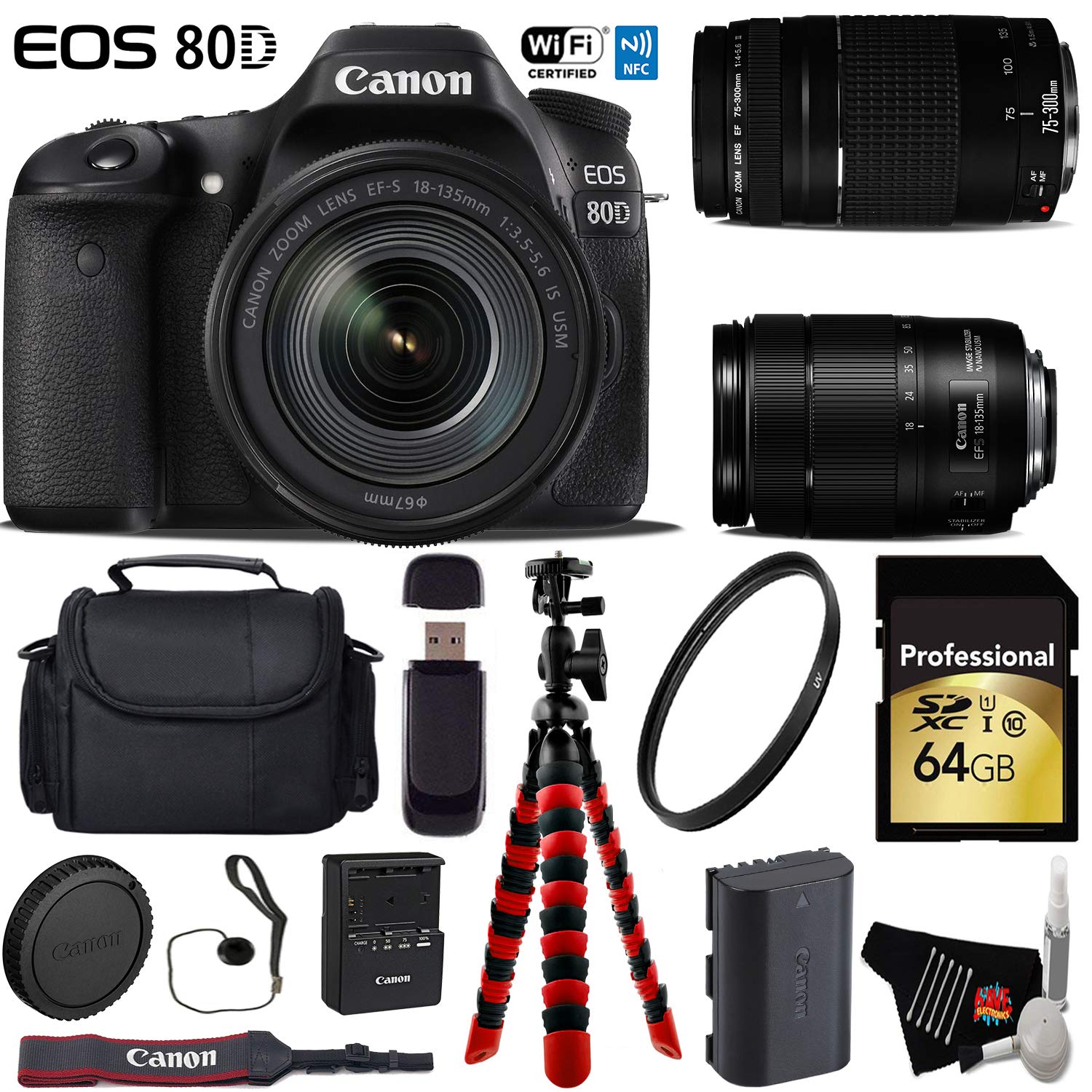 Canon EOS 80D DSLR Camera with 18-135mm is STM Lens & 75-300mm III Lens + Flexible Tripod + UV Protection Filter Advanced Bundle