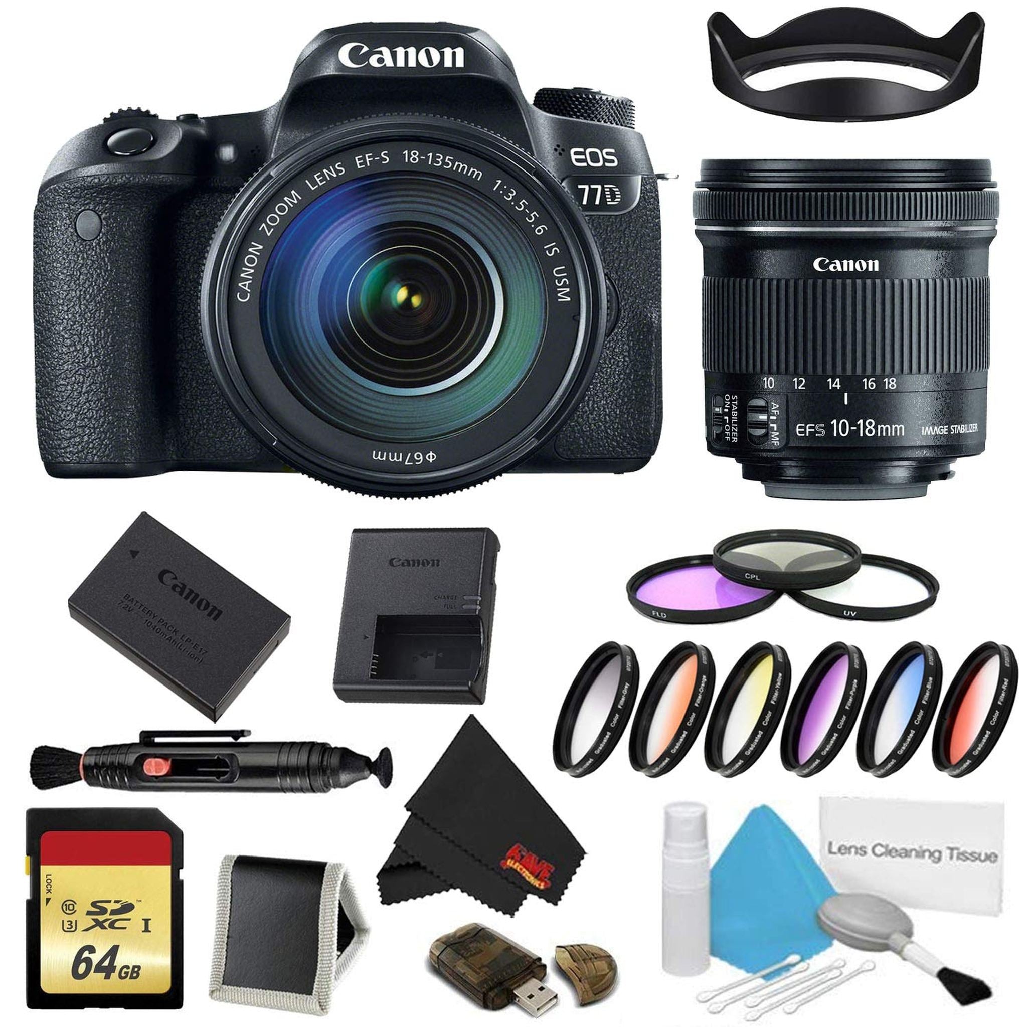 Canon EOS 77D DSLR Camera with 18-135mm Lens Bundle w/ 9 Piece Filter& Memory Kit + Bonus 10-18mm Lens International Mo Canon