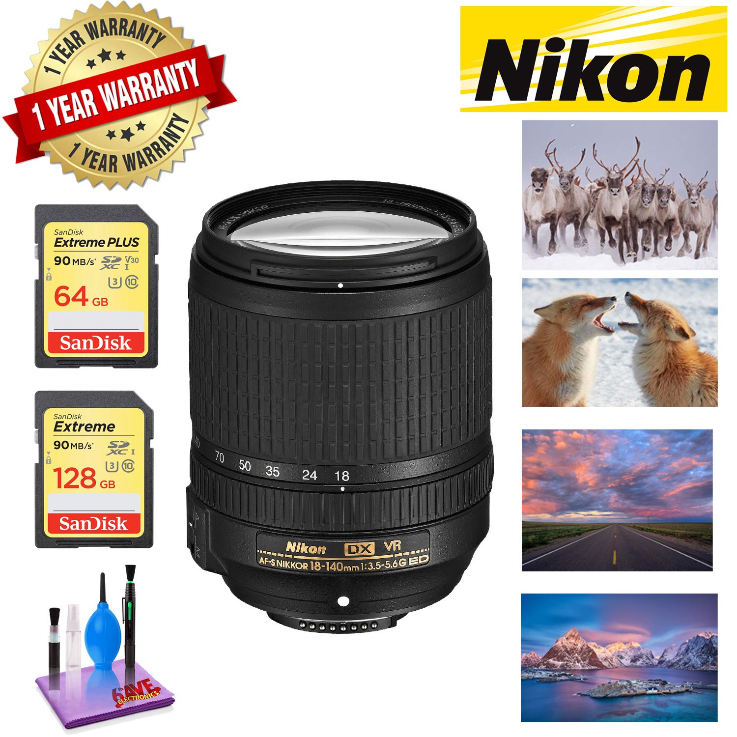 NIKON 18-140MM F/3.5-5.6G ED AF-S DX VR Lens with 1 Year Warranty Sandisk 64GB and 128GB Extreme Memory Card SDXCUHS-I