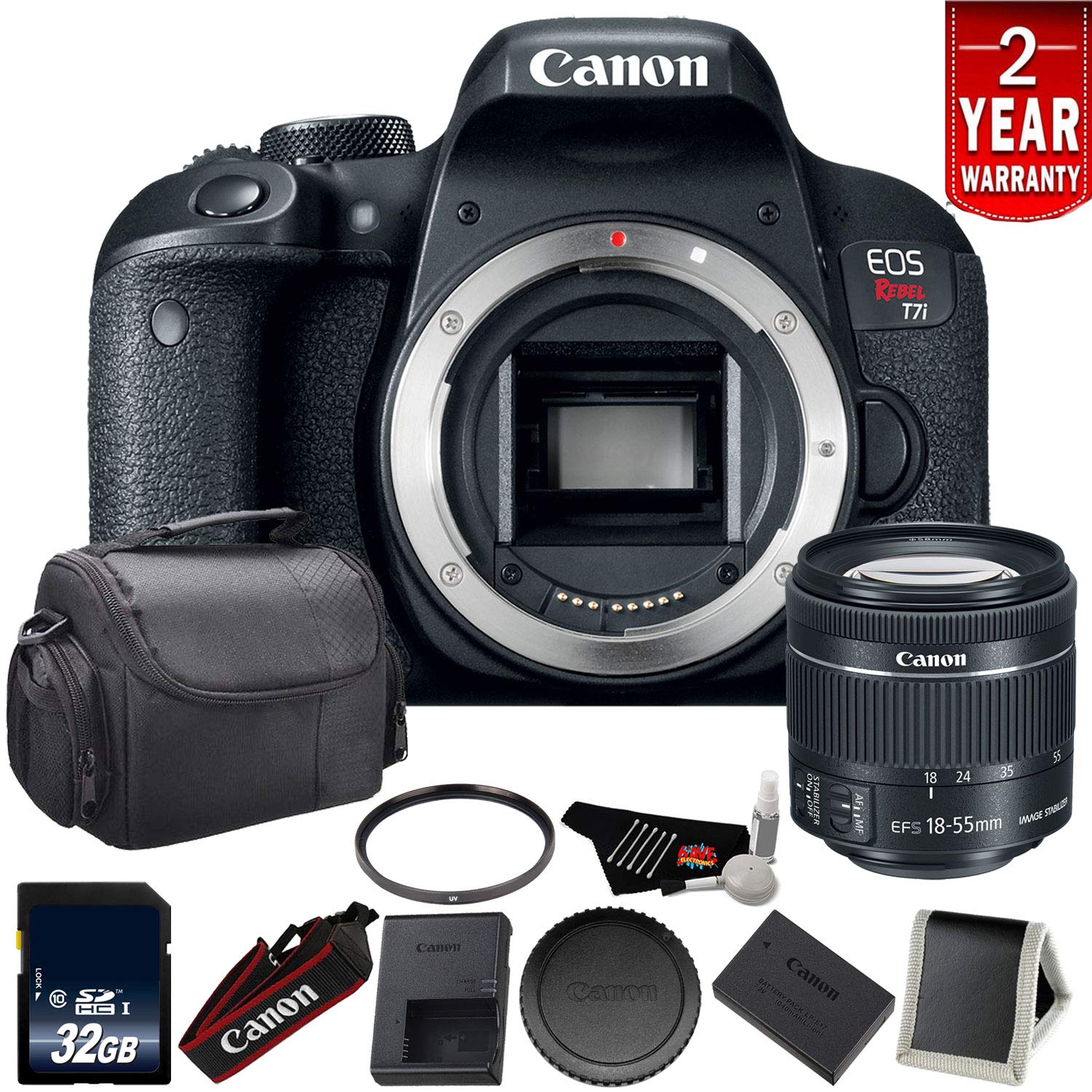 Canon EOS Rebel T7i Digital SLR Camera with 18-55mm Lens 1894C002 - Bundle with 32GB Memory Card + UV Filter + More (Int