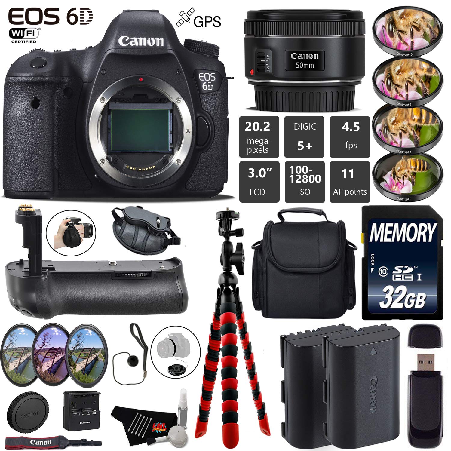 Canon EOS 6D DSLR Camera with 50mm f/1.8 STM Lens + Professional Battery Grip + 4PC Macro Filter Kit + LED Kit + Extra B
