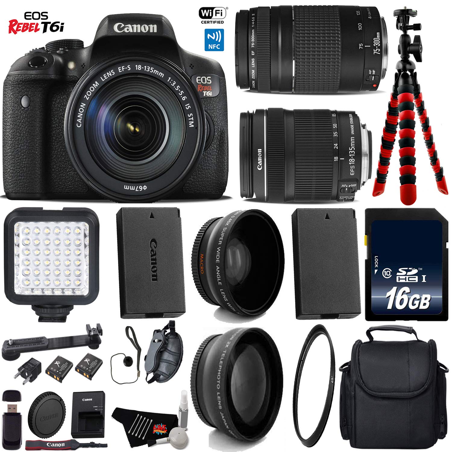 Canon EOS Rebel T6i DSLR Camera with 18-135mm is STM Lens & 75-300mm III Lens + LED + UV FLD CPL Filter Kit + Wide Angle