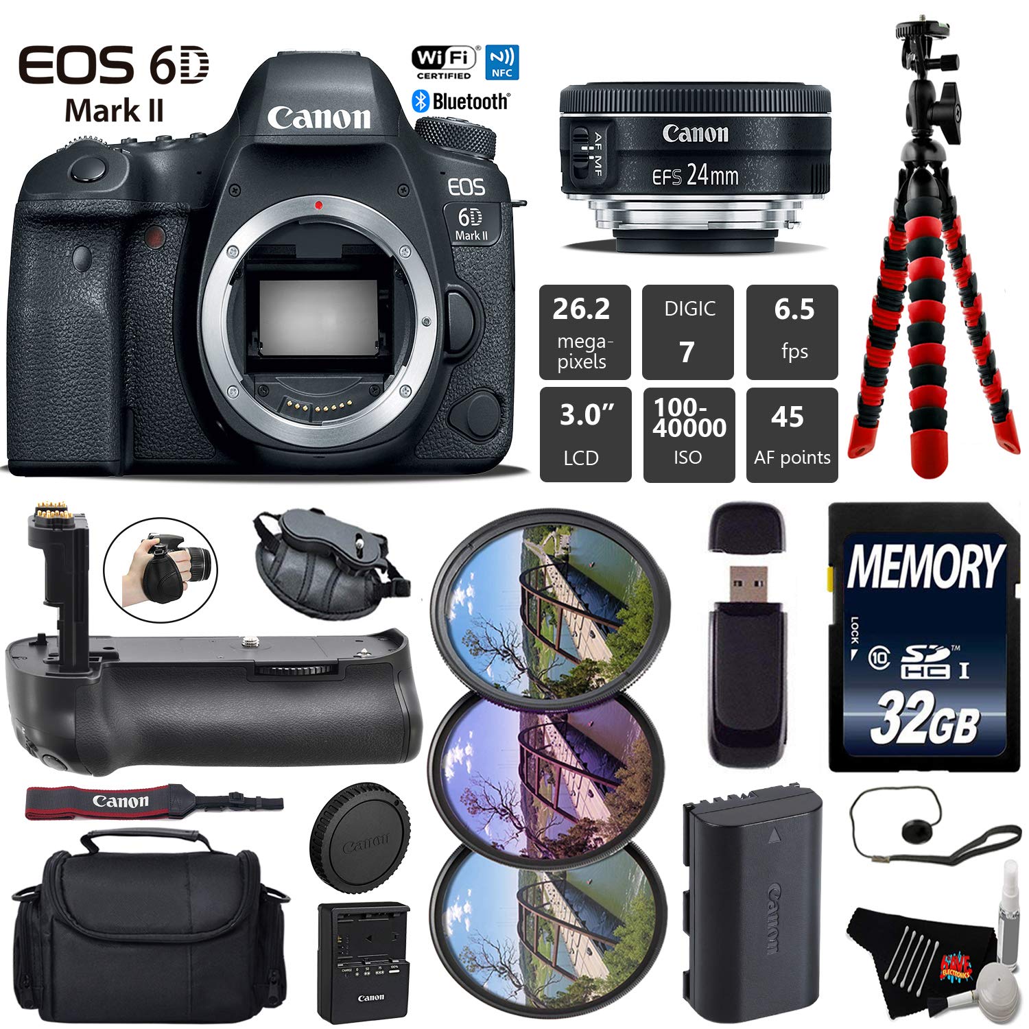 Canon EOS 6D Mark II DSLR Camera with 24mm f/2.8 STM Lens + Professional Battery Grip + UV FLD CPL Filter Kit + Case Starter Bundle