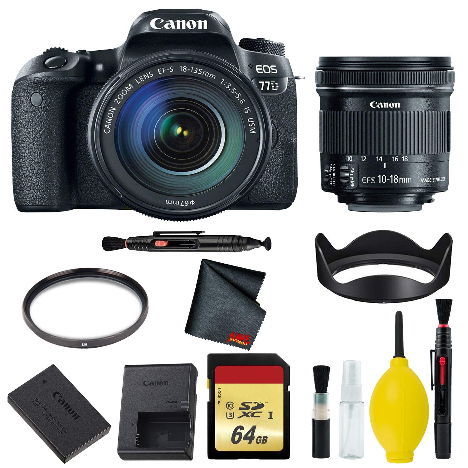 Canon EOS 77D DSLR Camera with 18-135mm USM Lens Memory Kit w/Bonus 10-18mm Lens