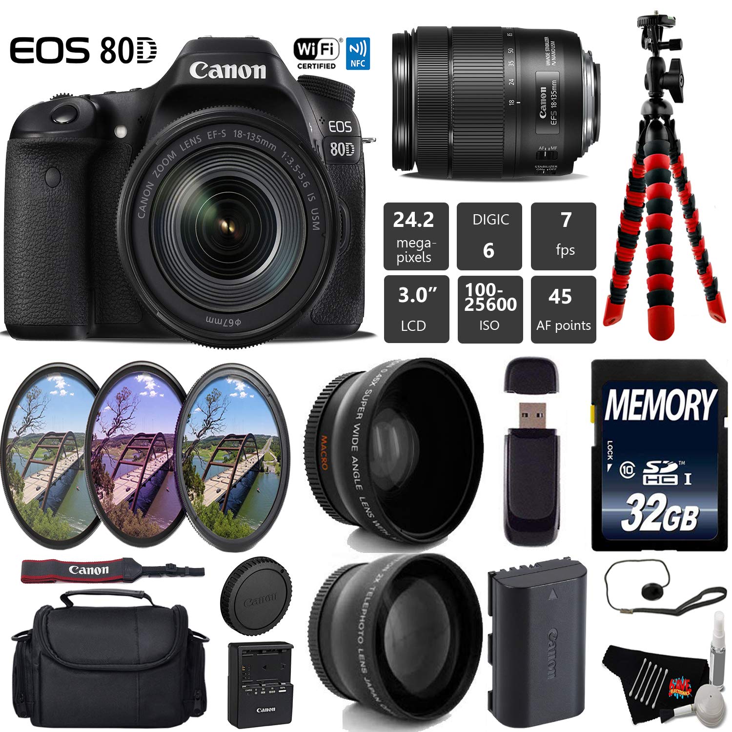 Canon EOS 80D DSLR Camera with 18-135mm is STM Lens + UV FLD CPL Filter Kit + Wide Angle & Telephoto Lens + Camera Case Starter Bundle