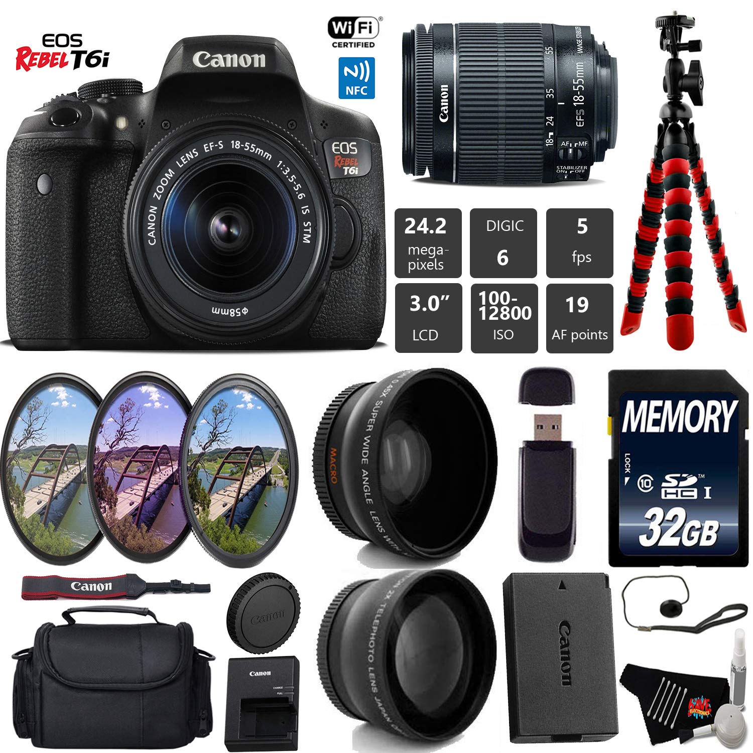 Canon EOS Rebel T6i DSLR Camera 18-55mm is STM Lens + UV FLD CPL Filter Kit + Wide Angle & Telephoto Lens + Camera Case