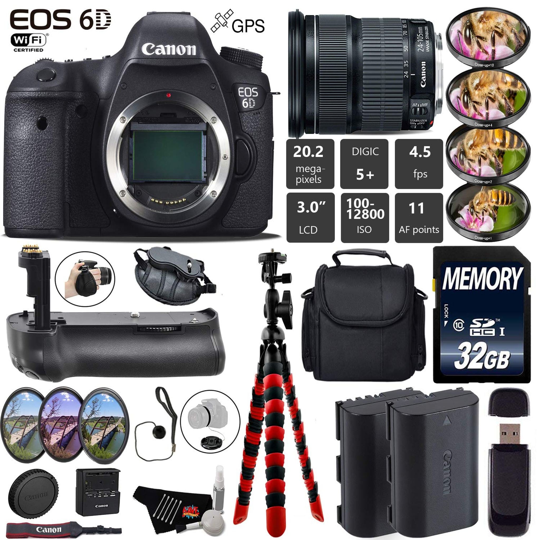 Canon EOS 6D DSLR Camera with 24-105mm is STM Lens + Professional Battery Grip + 4PC Macro Filter Kit + LED Kit + Extra Canon