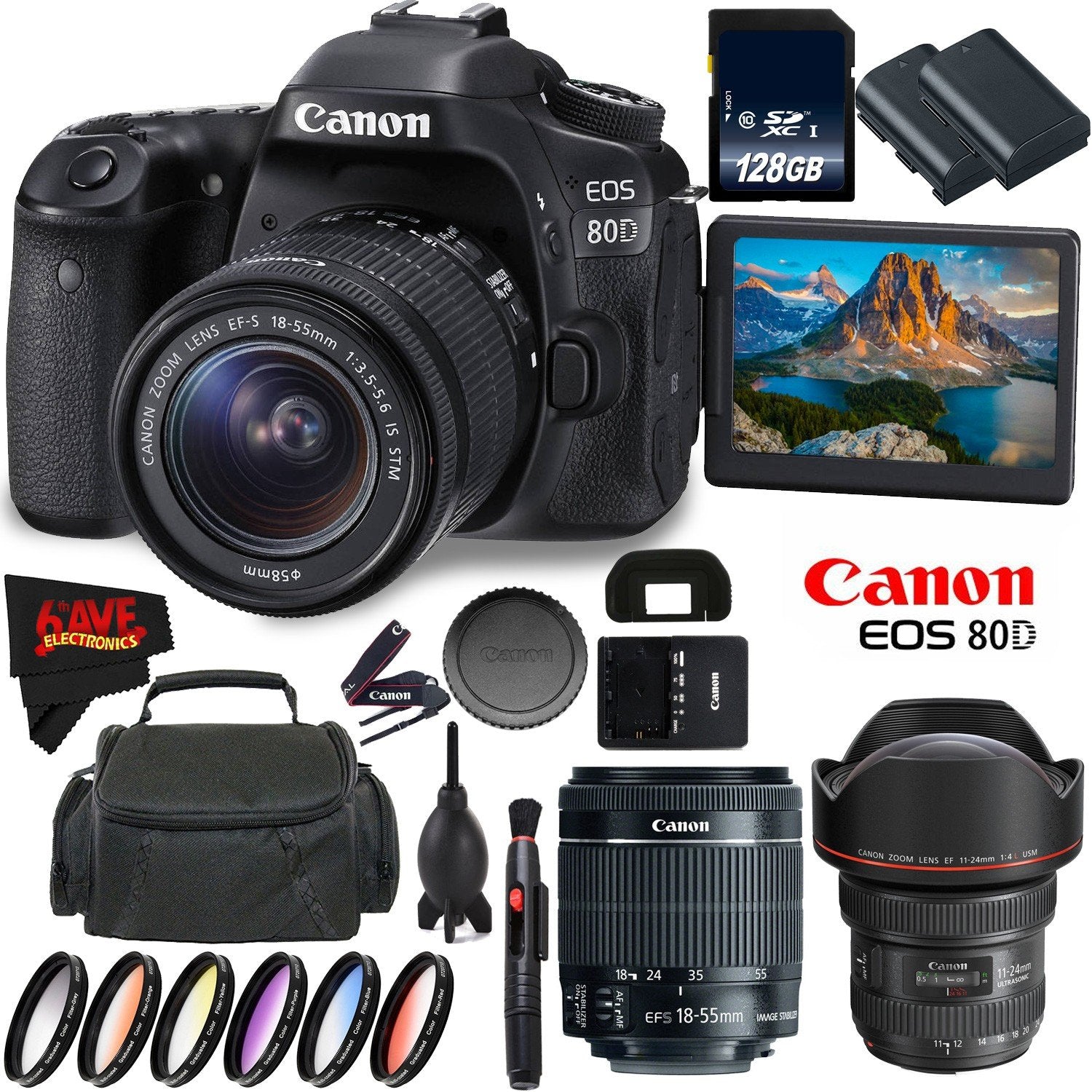 Canon EOS 80D DSLR Camera + 18-55mm Lens + Canon EF 11-24mm f/4L USM Lens + 128GB Memory Card International Version