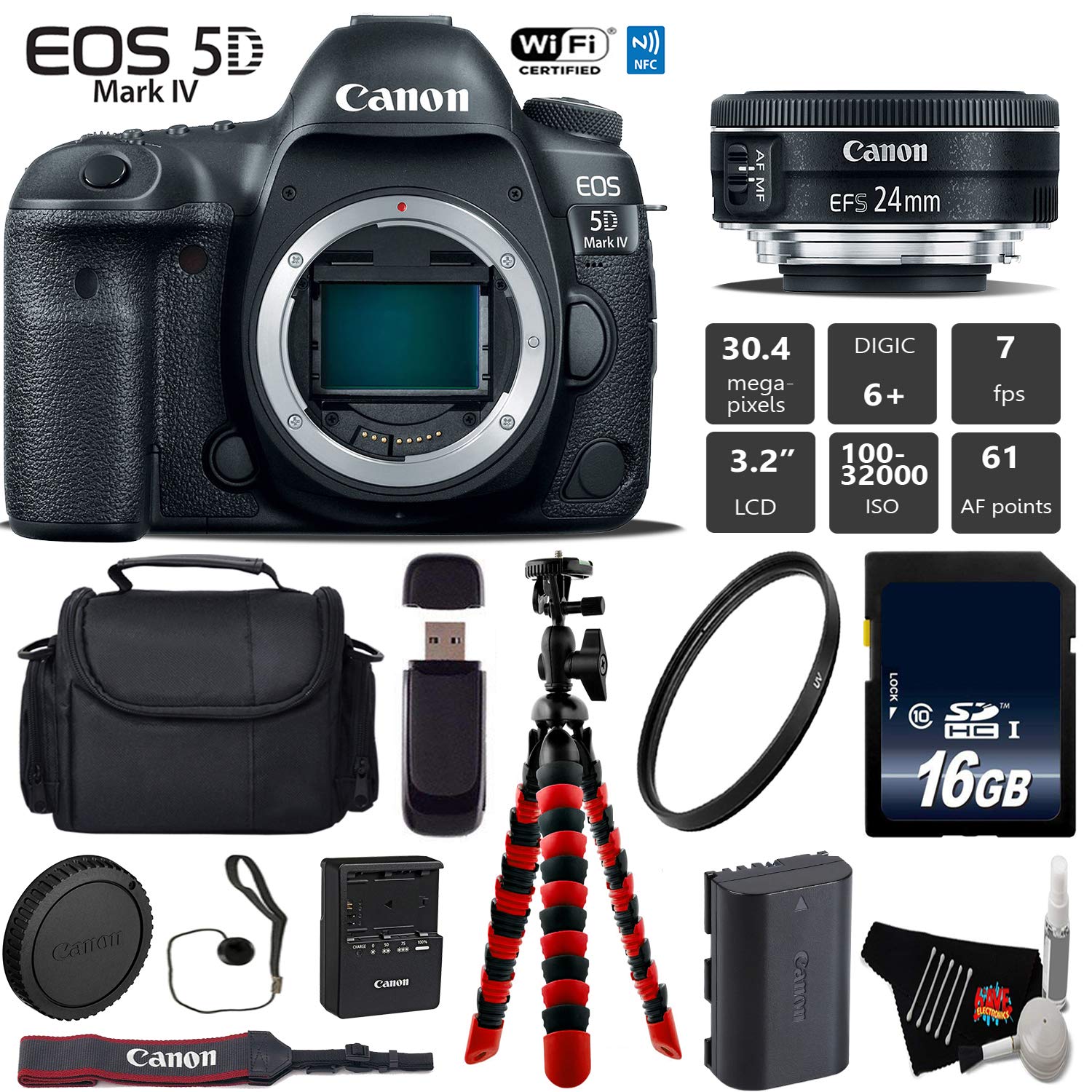 Canon EOS 5D Mark IV DSLR Camera with 24mm f/2.8 STM Lens + Wireless Remote + UV Protection Filter + Case + Wrist Strap Base Bundle