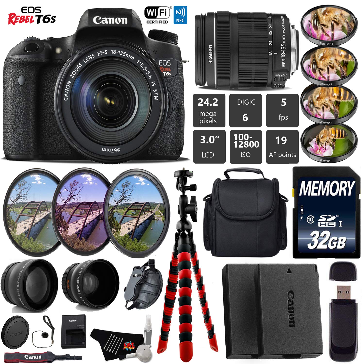 Canon EOS Rebel T6S DSLR Camera 18-135mm is STM Lens + UV FLD CPL Filter Kit + 4 PC Macro Kit + Wide Angle & Telephoton Lens Starter Bundle