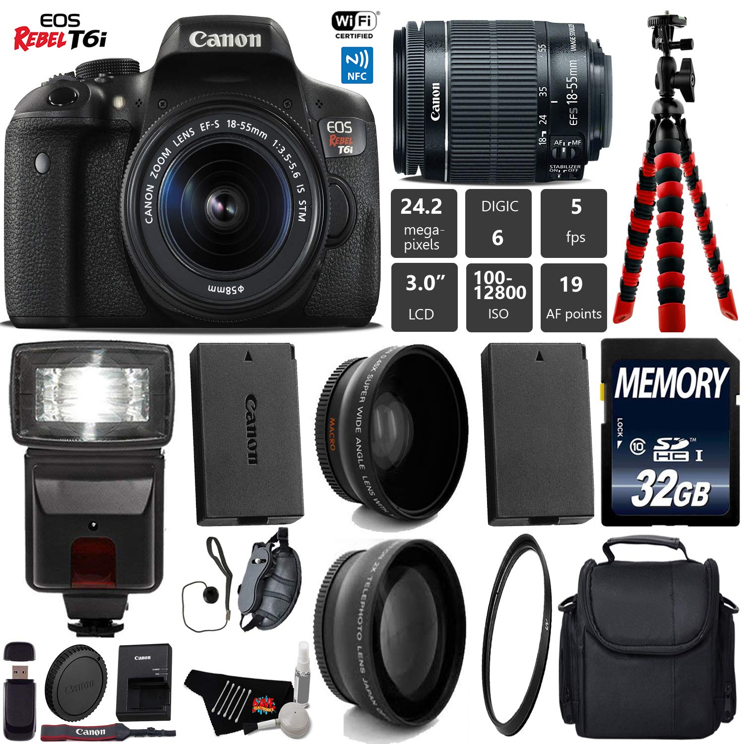 Canon EOS Rebel T6i DSLR Camera 18-55mm is STM Lens + Flash + UV FLD CPL Filter Kit + Wide Angle & Telephoto Lens + Came