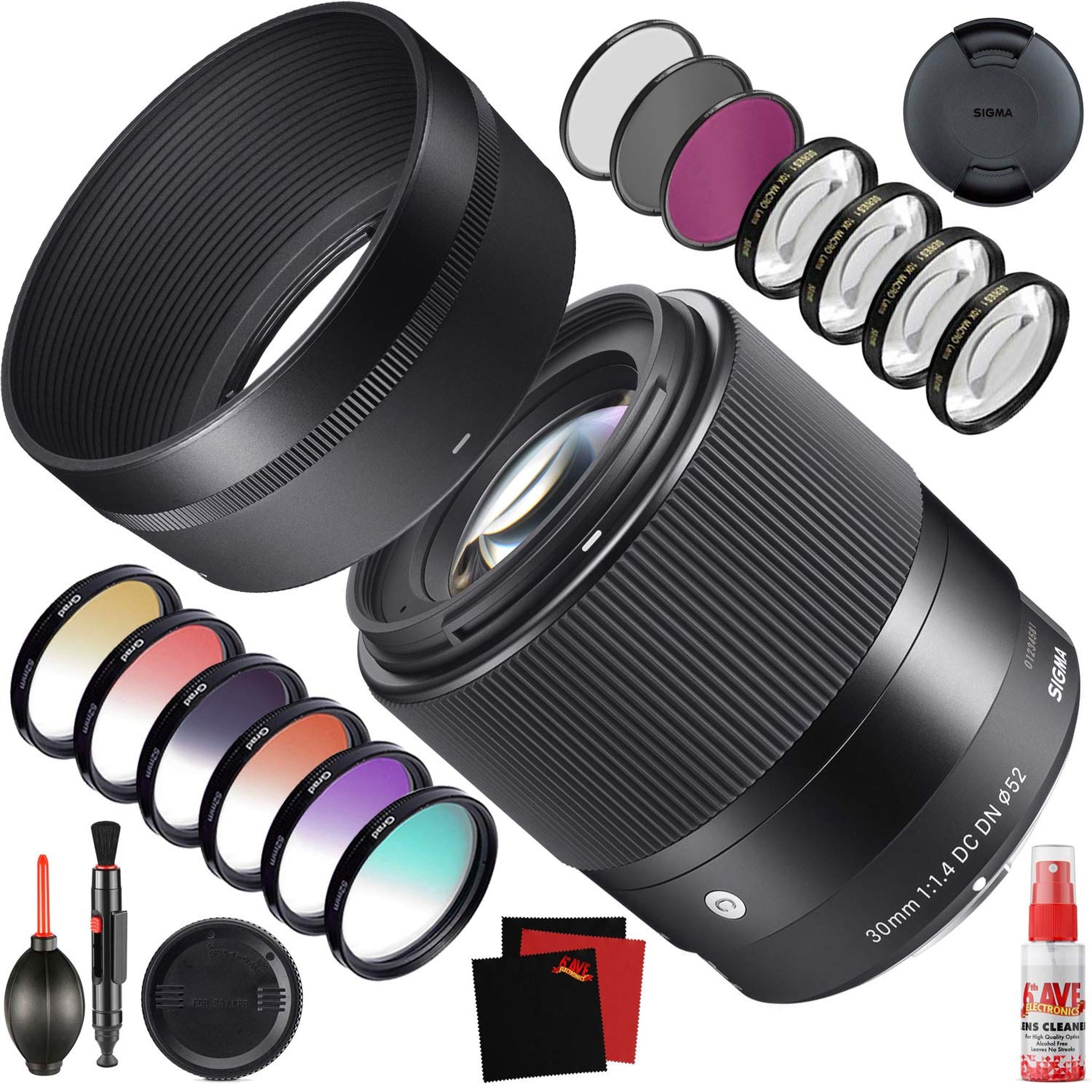 Sigma 30mm f/1.4 DC DN Contemporary Lens for Sony E 302965 With FLD Filter, CPL Filter, UV Filter - Color Graduated Filter Kit - Close Up Filter Sigma
