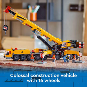 LEGO City Yellow Mobile Construction Crane Toy Set for Boys and Girls, Long Extendable Boom and 4 Worker Minifigures Included for Imaginative Role Play, Construction Toy Birthday Gift for Kids, 60409