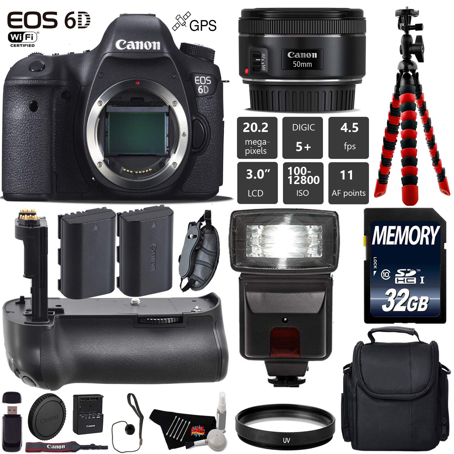 Canon EOS 6D DSLR Camera with 50mm f/1.8 STM Lens + Professional Battery Grip + UV Protection Filter + Flash + Extra Bat