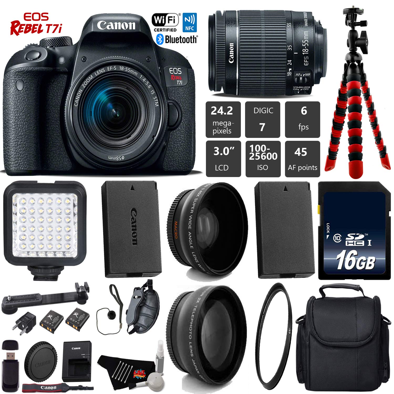 Canon EOS Rebel T7i DSLR Camera 18-55mm is STM Lens + LED Bundle