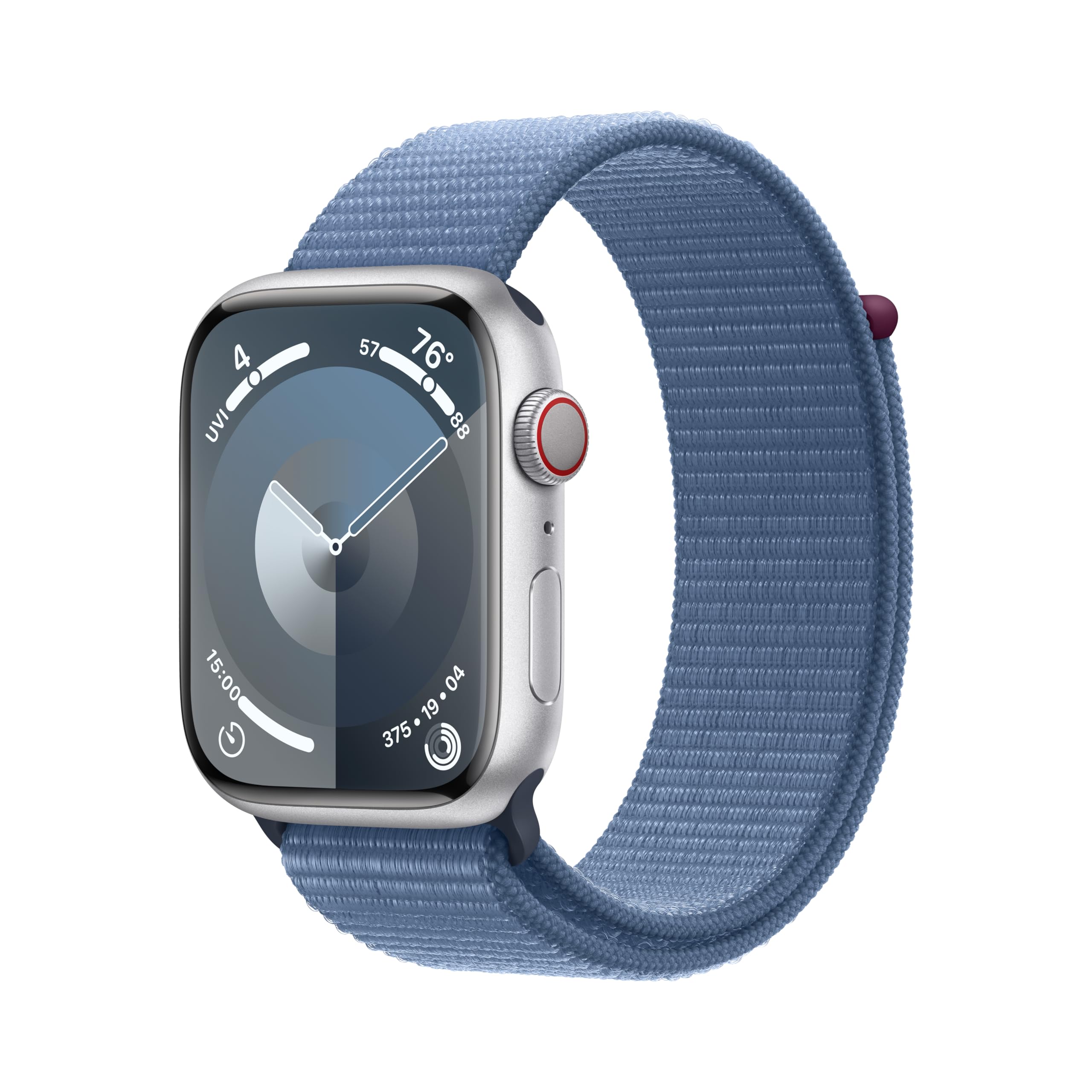 Apple Watch Series 9 [GPS + Cellular 45mm] Smartwatch with Silver Aluminum Case with Winter Blue Sport Loop. (Carbon Neutral)