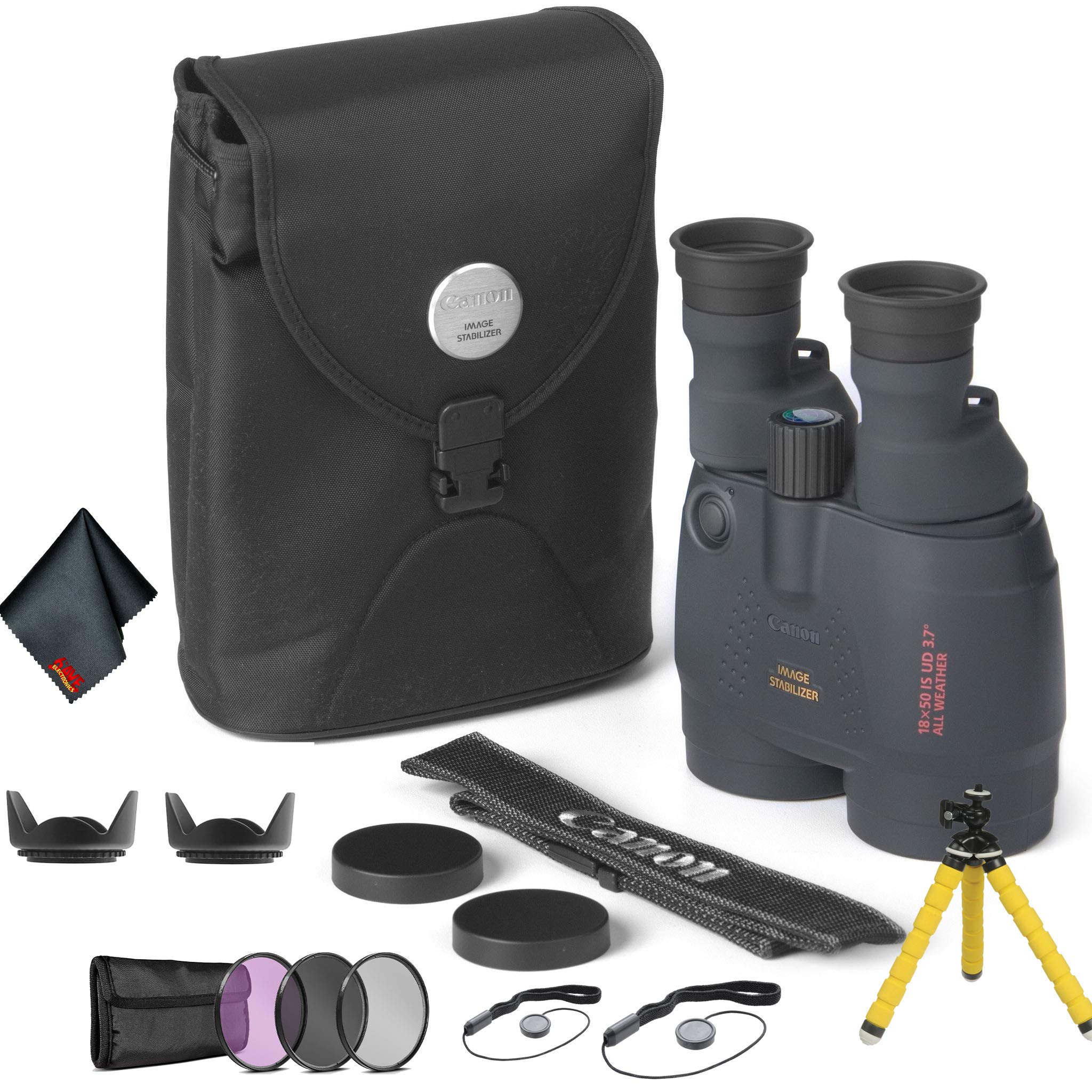 Canon 18x50 Image Stabilization All-Weather Binoculars - Bundle with Tulip Lens Hoods, Tripod + More Canon