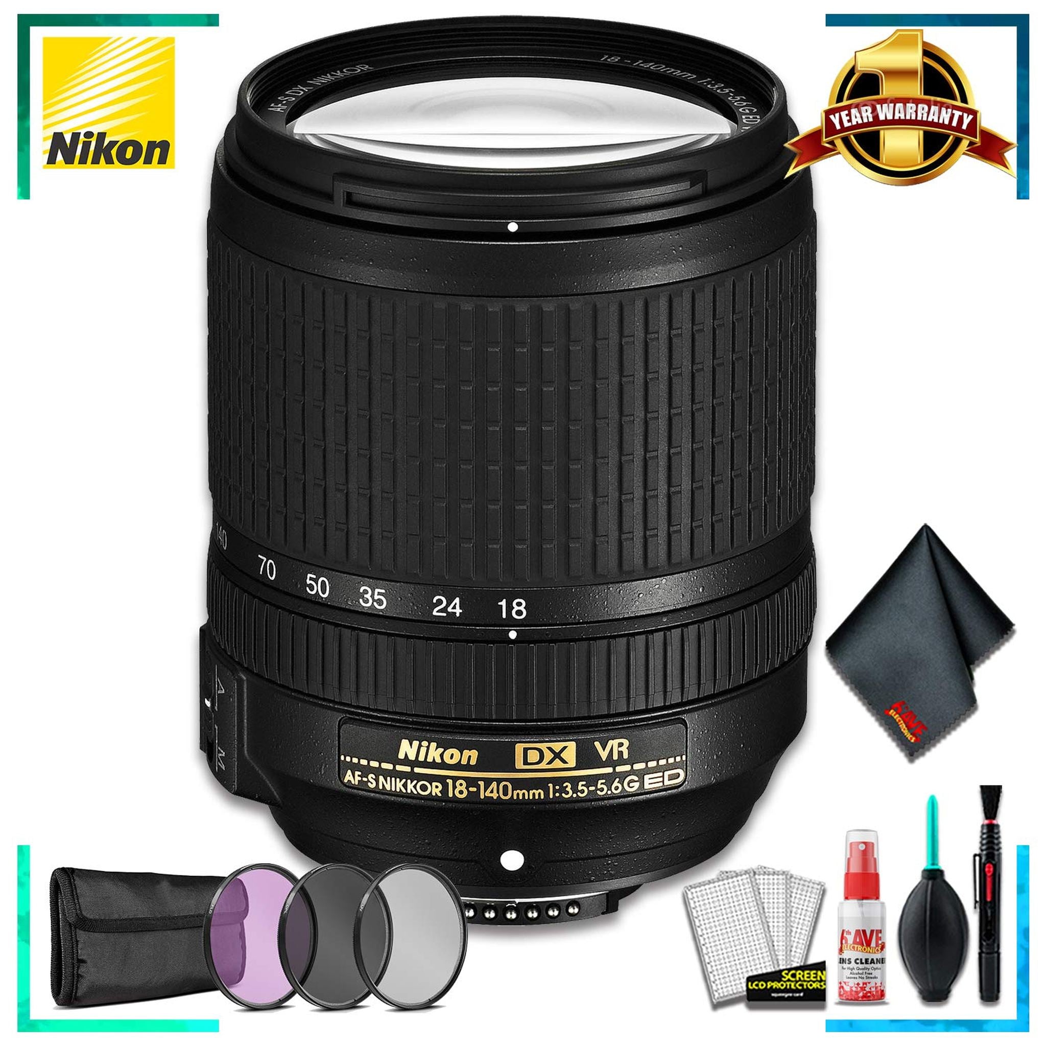 Nikon 18-140MM F/3.5-5.6G ED AF-S DX VR Camera Lens International Model + 3 Pcs Filter Kit + Cleaning Kit