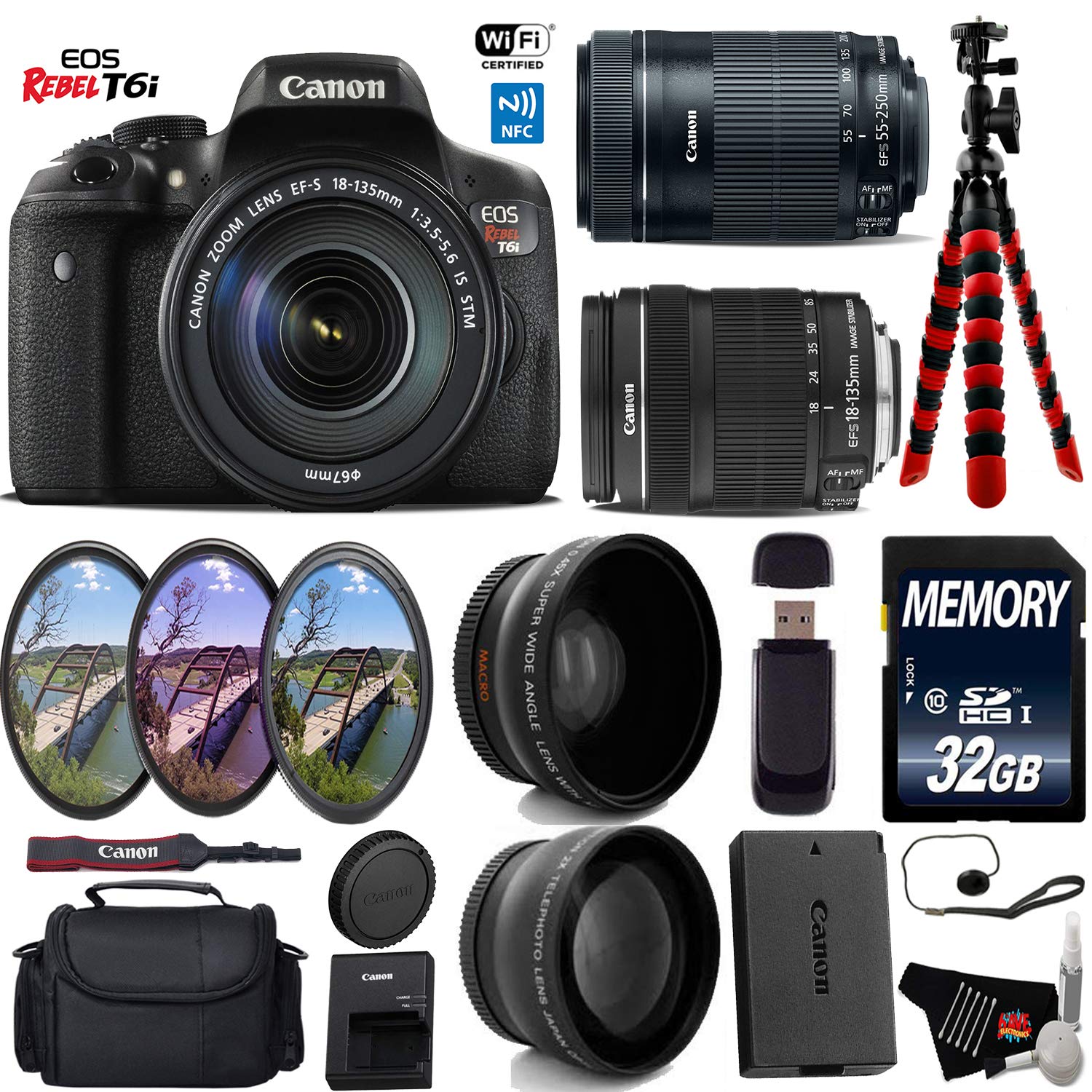 Canon EOS Rebel T6i DSLR Camera with 18-135mm is STM Lens & 55-250mm is STM Lens + UV FLD CPL Filter Kit + Wide Angle &