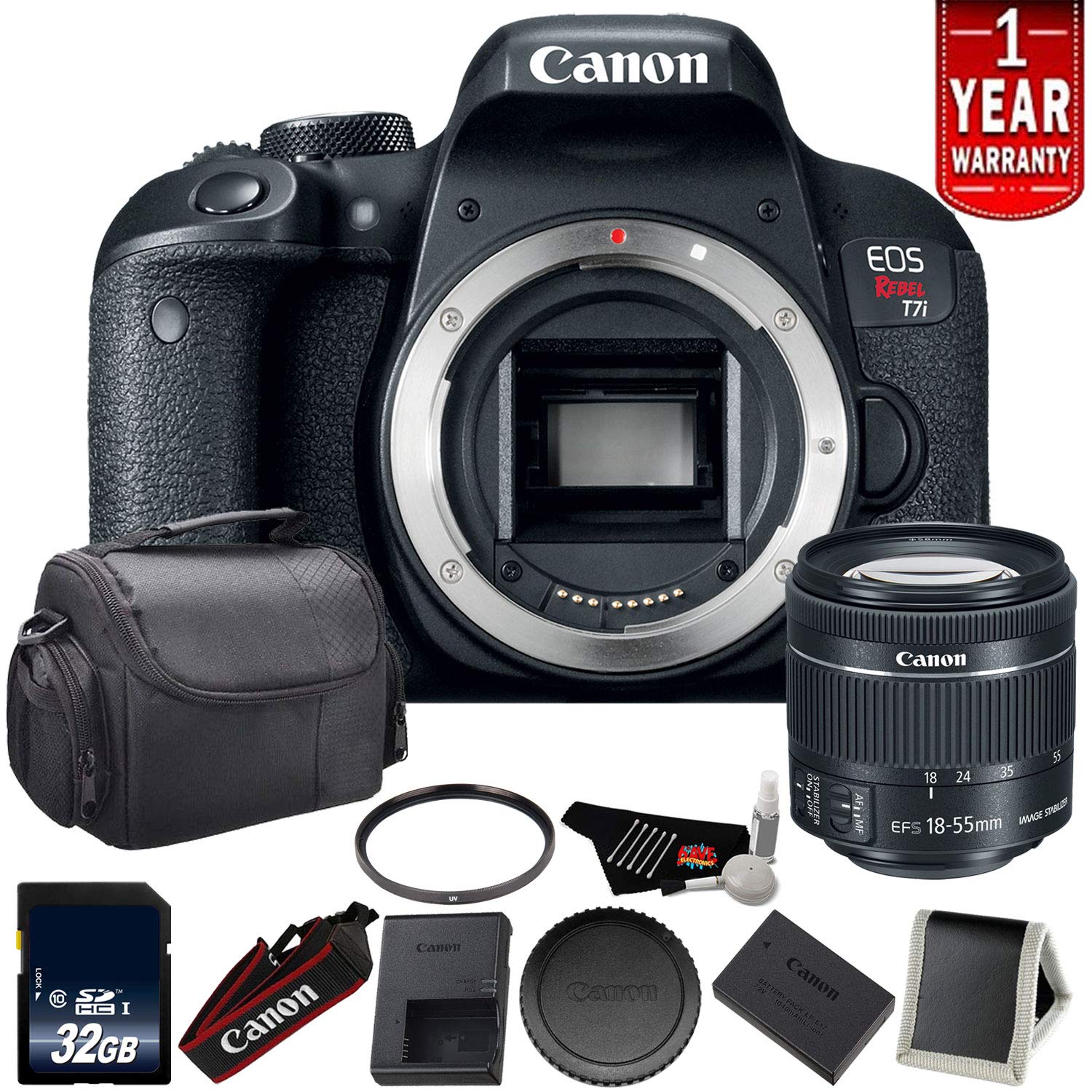 Canon EOS Rebel T7i Digital SLR Camera with 18-55mm Lens 1894C002 - Bundle with 32GB Memory Card + UV Filter + More