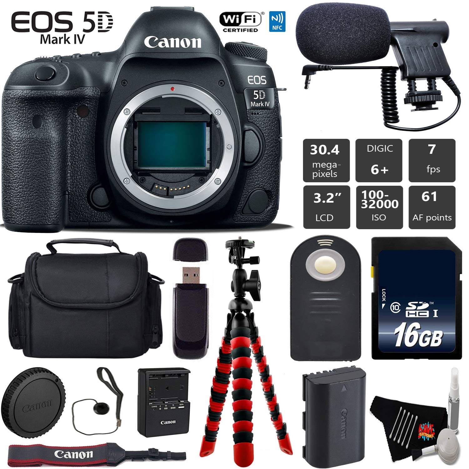 Canon EOS 5D Mark IV DSLR Camera (Body Only) + Wireless Remote + Condenser Microphone + Case + Wrist Strap + Tripod Base Bundle